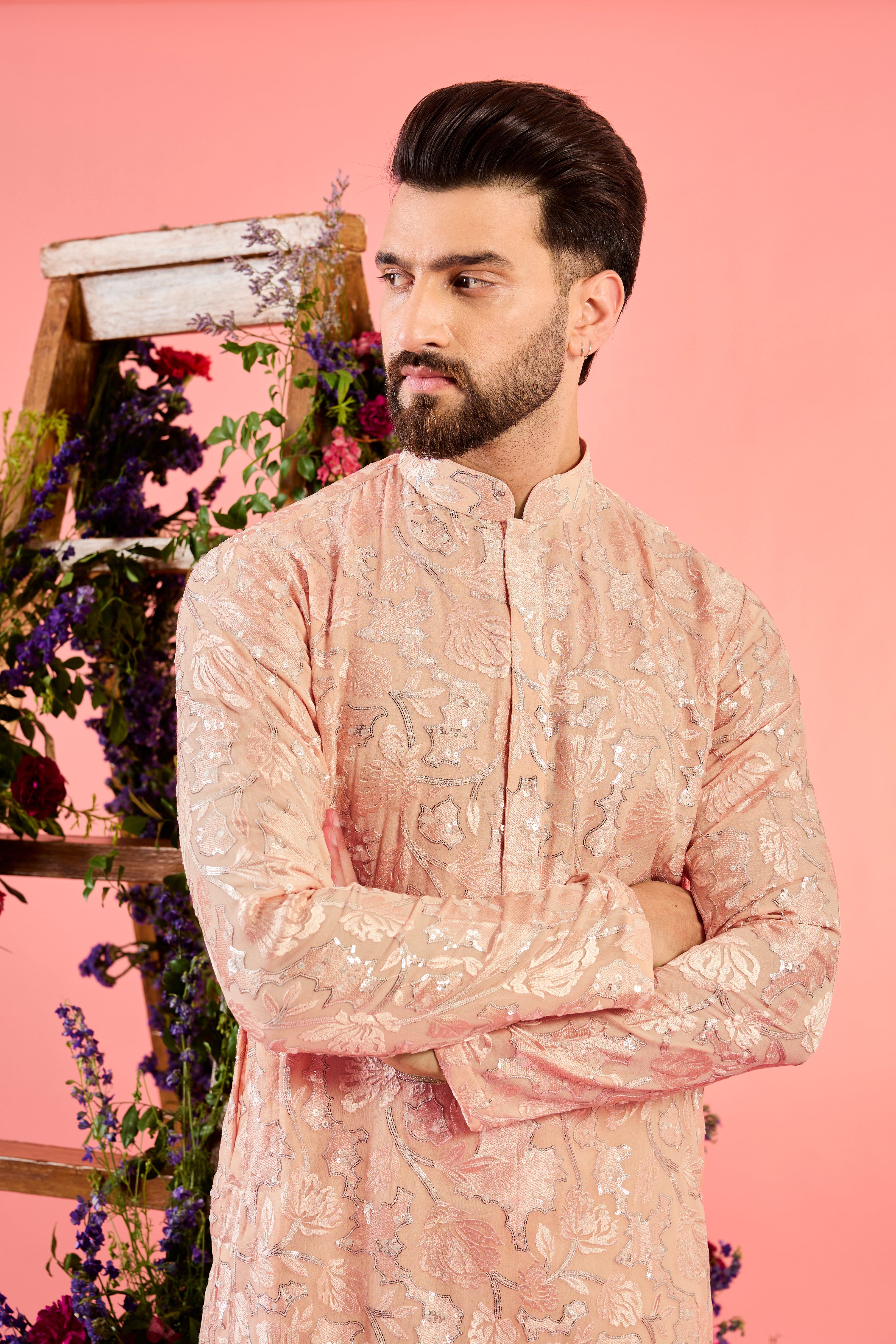 Peach Chinkari Kurta with Intricate Floral Embroidery - Elegant Indian Traditional Dress for Women - Perfect for Festivals, Weddings & Special Occasions