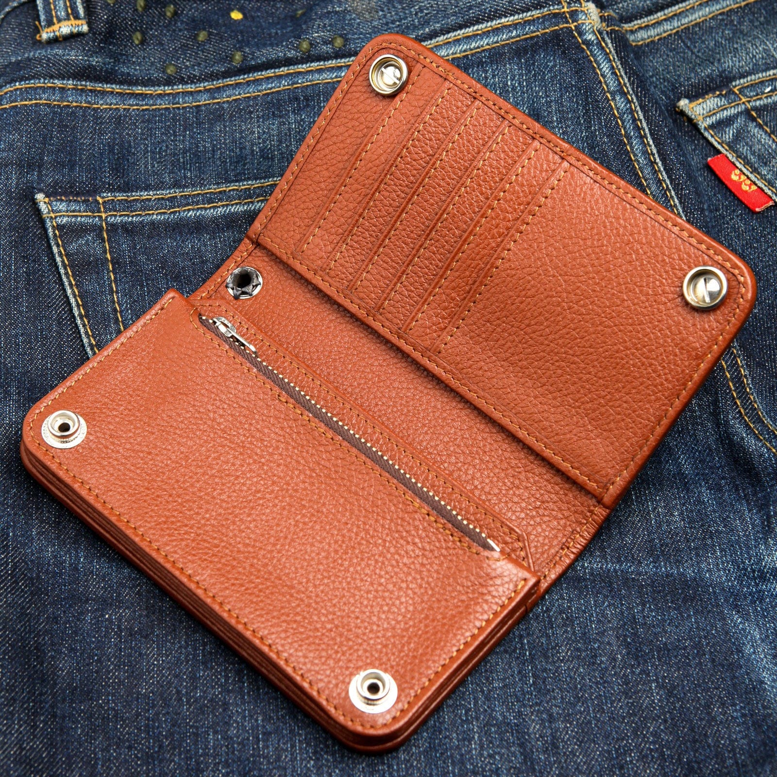 Genuine Cowhide Leather Biker Wallet for Men - Cognac Brown RFID Blocking Slim Bifold Wallet - Perfect for Motorcycle Riders & Everyday Carry