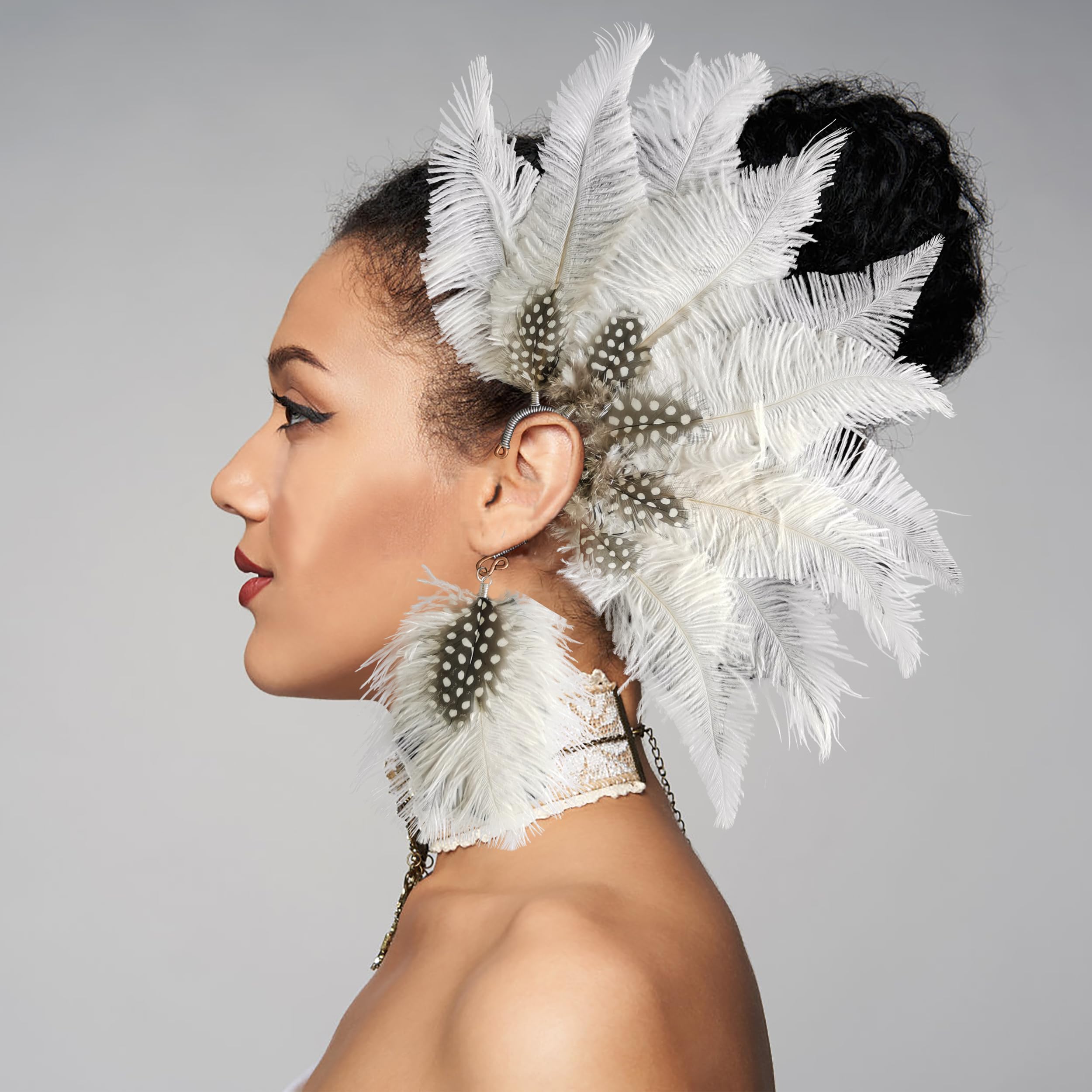 Handmade Ostrich Feather Ear Cuff Wrap Earrings - American Indian Style Feather Ear Cuff - Festival Ear Jacket for Left Ear - Boho Chic Accessories for Music Festivals, Parties & Special Occasions