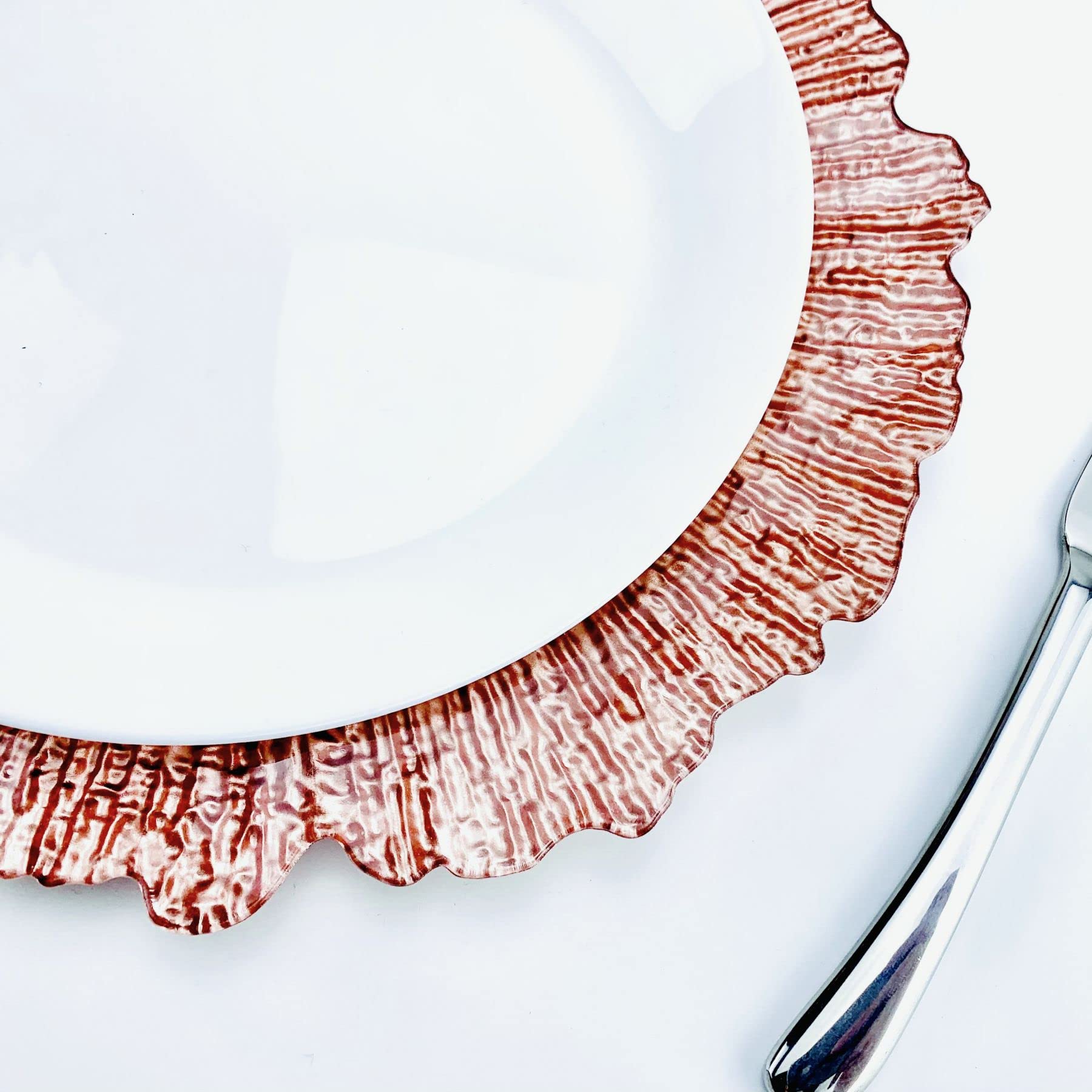 Aniel's 13-Inch Rose Gold Acrylic Charger Plates Set of 6 - Elegant Plastic Round Dinner Plates for Wedding, Party & Holiday Table Decor - Premium Surface Reef Design for Formal Dining & Special Occasions