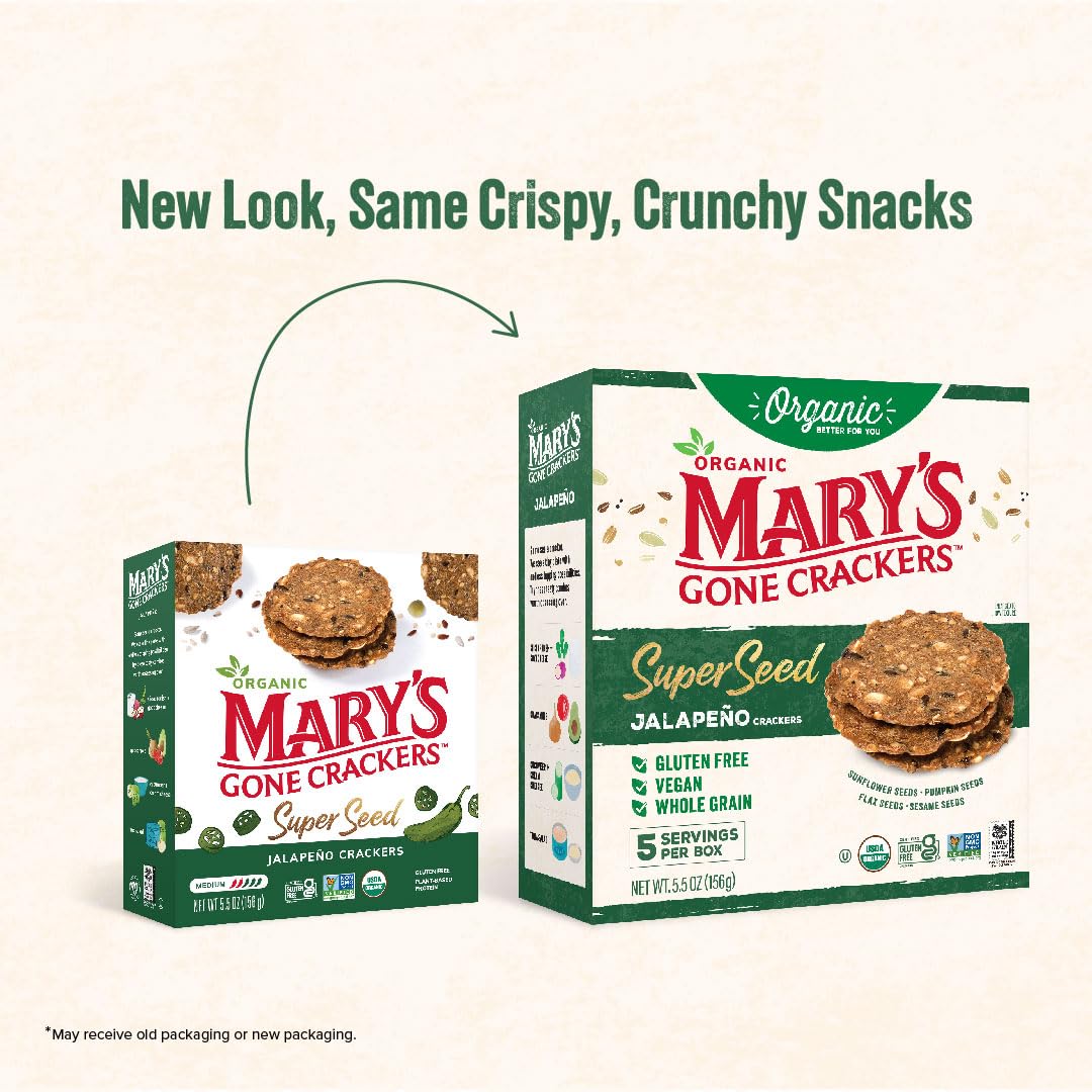 Mary's Gone Crackers Organic Super Seed Crackers, Jalapeno Flavor - Gluten-Free, Non-GMO, Vegan, Whole Grain Snacks, 5.5oz (Pack of 1) | Perfect for Healthy Snacking, Parties & On-the-Go Nutrition