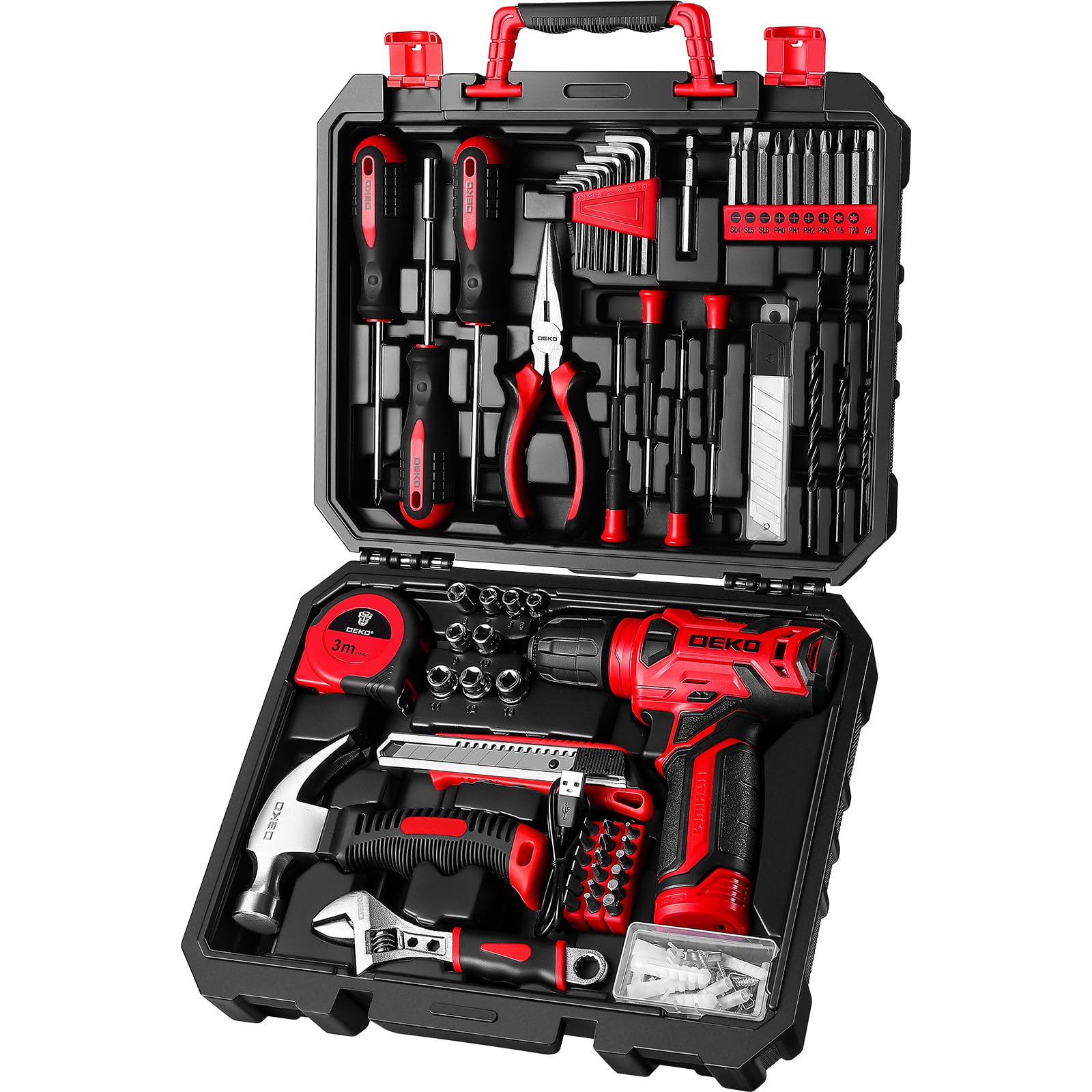 DEKOPRO 126-Piece Cordless Drill Set - 8V Red Power Drill, Home Tool Kit with Accessories, Hand Tools for DIY Projects, Woodworking & Home Repairs - Perfect for Women & Beginners