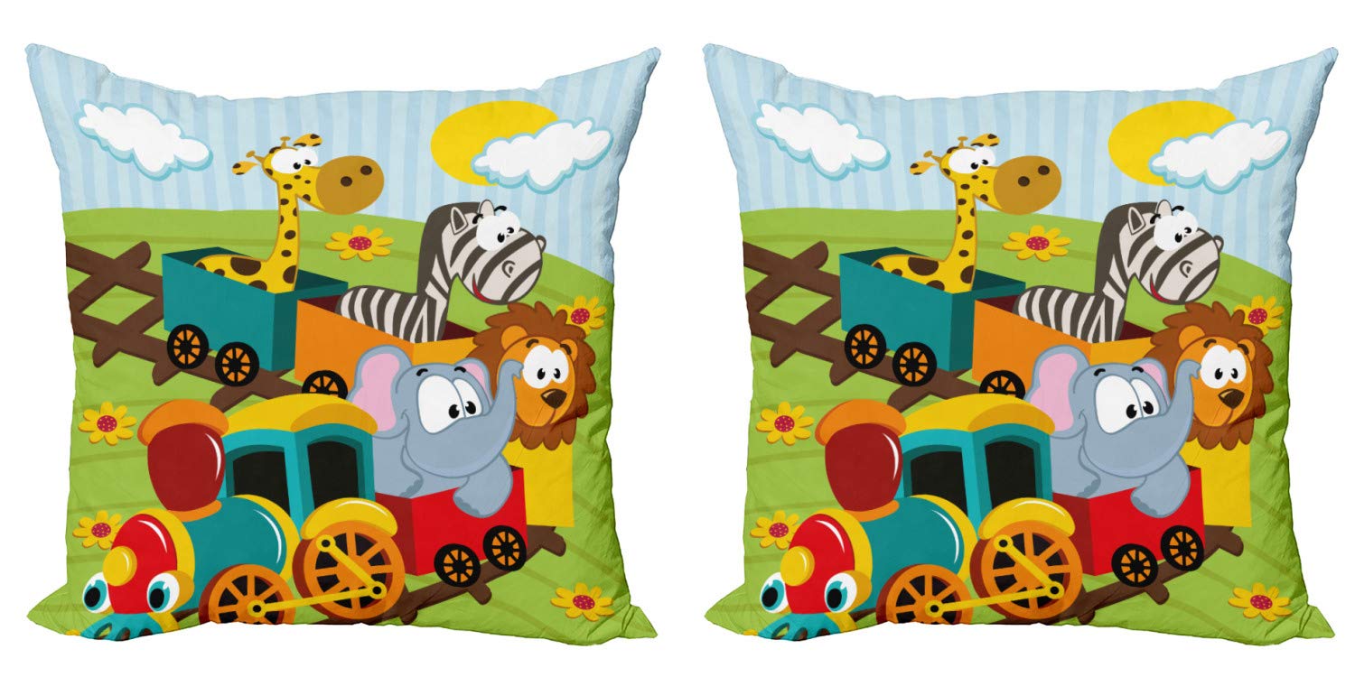 Ambesonne 2-Pack Decorative Throw Pillow Covers - Cartoon Savannah Wild Animals Train Design with Striped Backdrop, 16 Inch Multicolor Cushion Covers for Sofa, Bed & Living Room - Perfect for Home Decor, Kids Room & Gift Giving