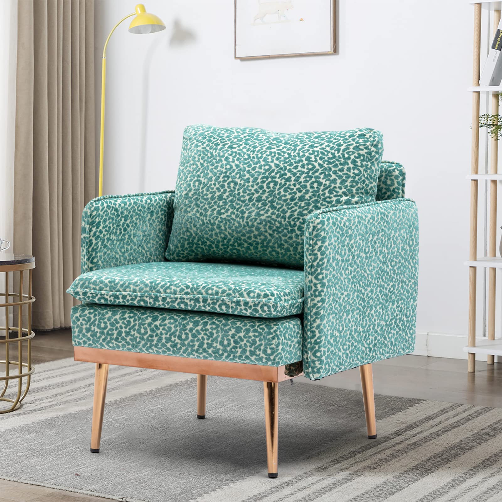 Modern Upholstered Armchair with Metal Legs - Leopard Teal Accent Chair for Living Room, Office & Reception - Comfortable Reading Chair with Armrests - Perfect for Home Decor, Workspace & Lounge Areas
