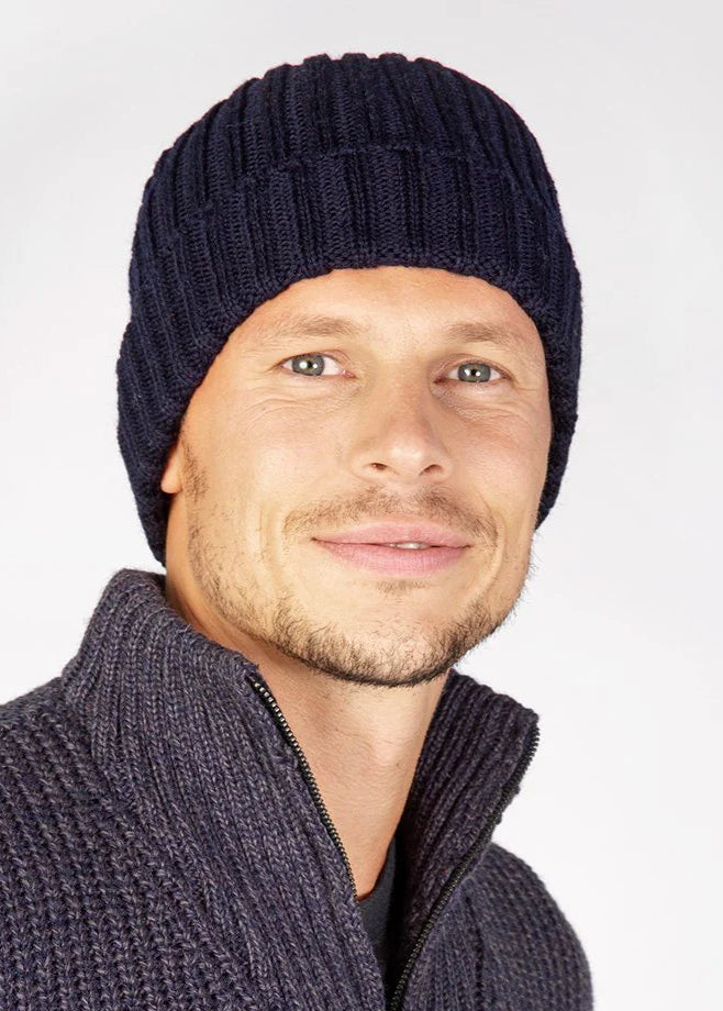 Ireland's Eye Ribbed Merino Wool Beanie Hat for Men & Women - Warm Winter Knit Cap in Navy Blue - Perfect for Skiing, Hiking and Outdoor Activities