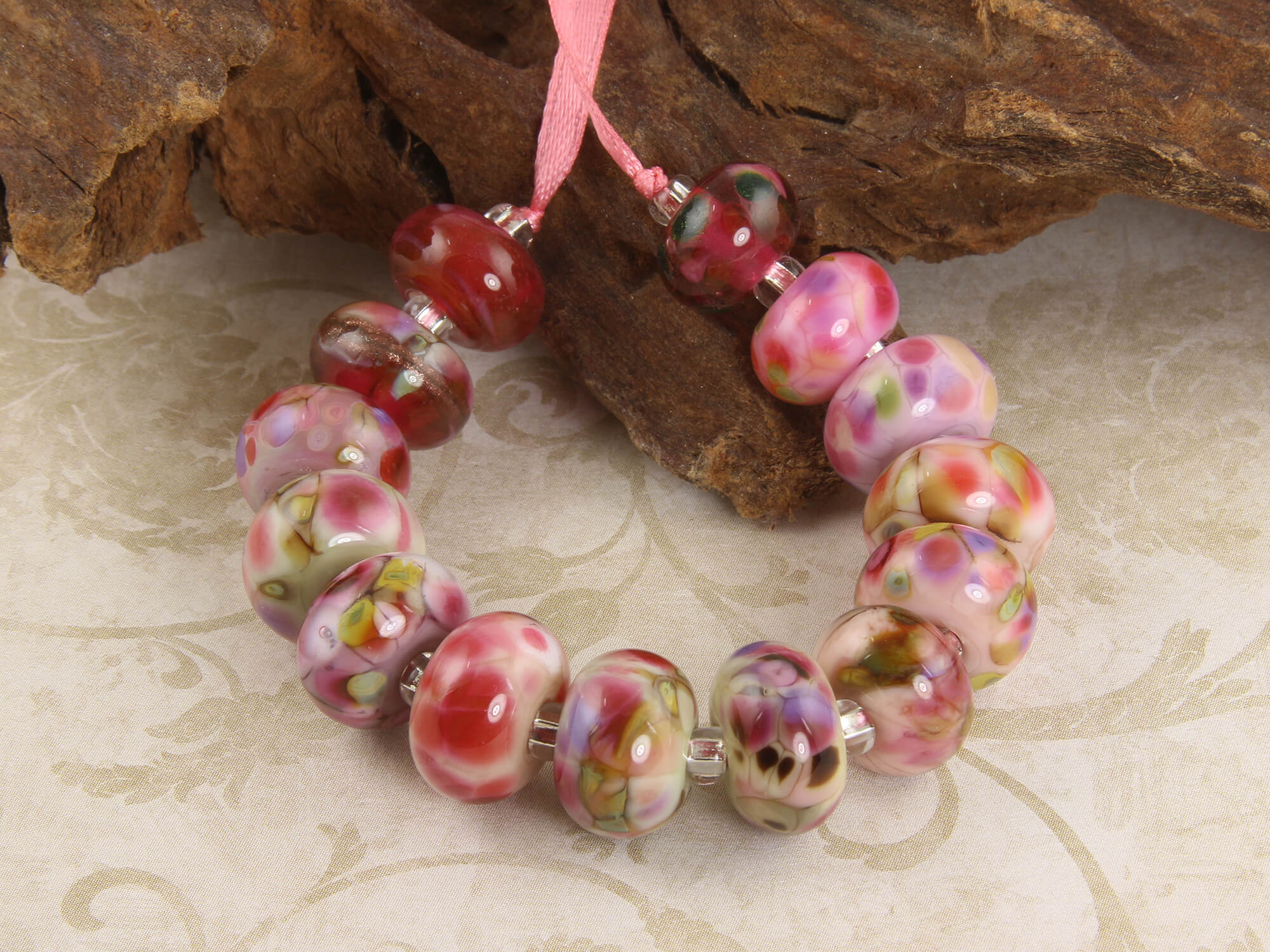 15-Piece Pink Orphan Lampwork Glass Beads Set for Jewelry Making - DIY Bracelet, Necklace & Craft Projects (SRA Certified) - Perfect for Handmade Gifts & Boho Style Accessories