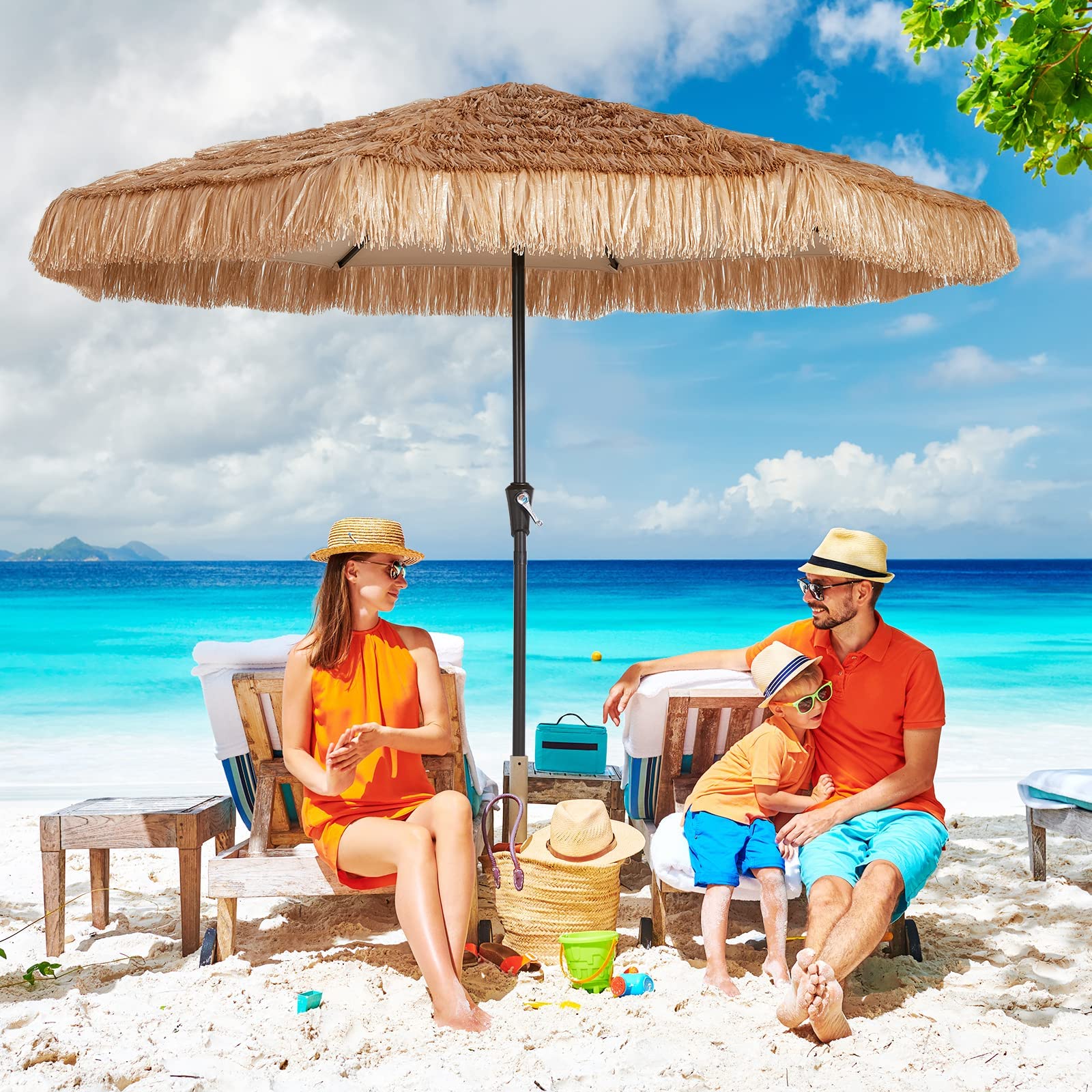 JEAREY 9FT Thatched Tiki Outdoor Patio Umbrella - Tropical Hawaiian Style Grass Beach Umbrella with Crank Lift, Natural Color (No Base Included) - Perfect for Poolside, Backyard, Beach & Outdoor Dining
