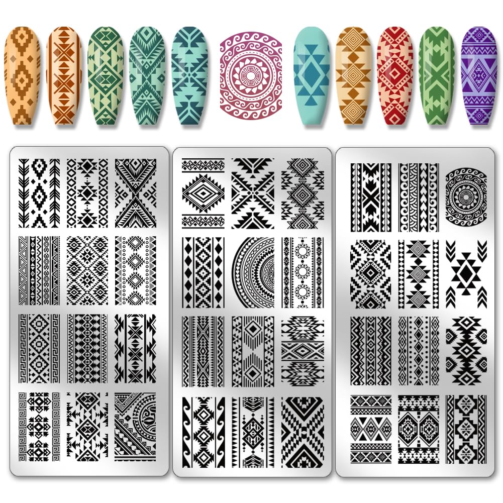 3pcs Geometric Texture Nail Art Stamping Plates - 36 Unique Aztec, Tribal & Persian Patterns for DIY Nail Design - Professional Salon Quality Manicure Tools for Creative Nail Art & Home Beauty Care