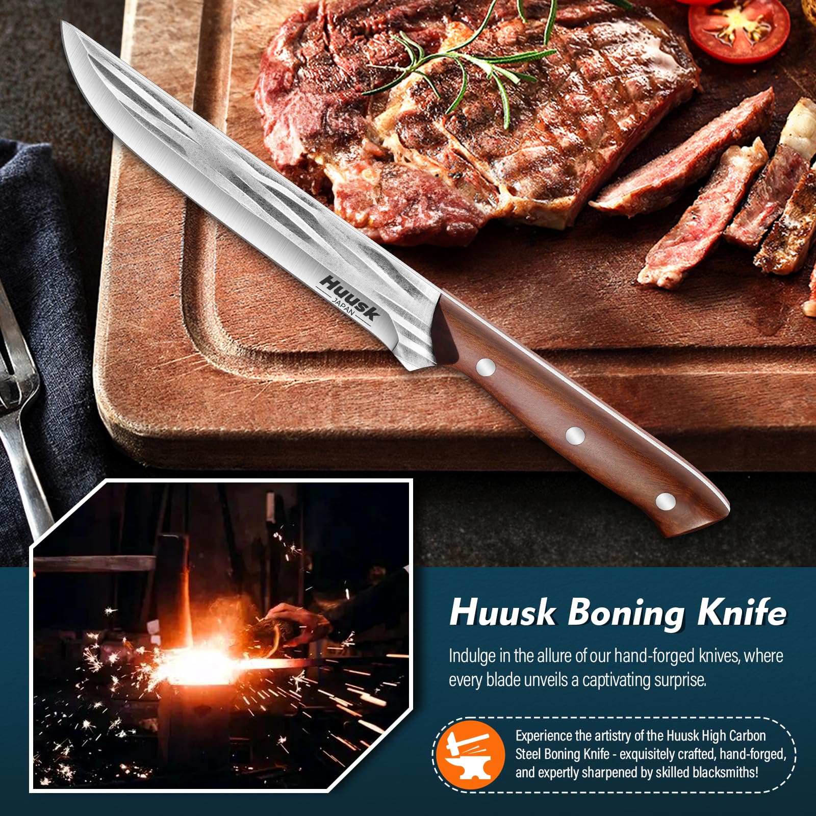 Premium Japanese Huusk 7-Inch Fillet Knife - High Carbon Steel Hand-Forged Boning Knife with Sheath | Professional Meat Cutting, Kitchen Cooking & Camping BBQ Tool | Ideal for Chefs, Home Cooks & Outdoor Enthusiasts | Perfect Father's Day Gift for Grilling & Food Preparation