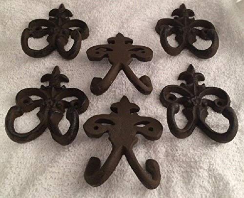 Vintage Cast Iron Fleur De Lis Double Wall Hooks - Set of 6 for Home Decor | Perfect for Hanging Coats, Hats, Keys & Towels in Entryway, Bathroom or Kitchen