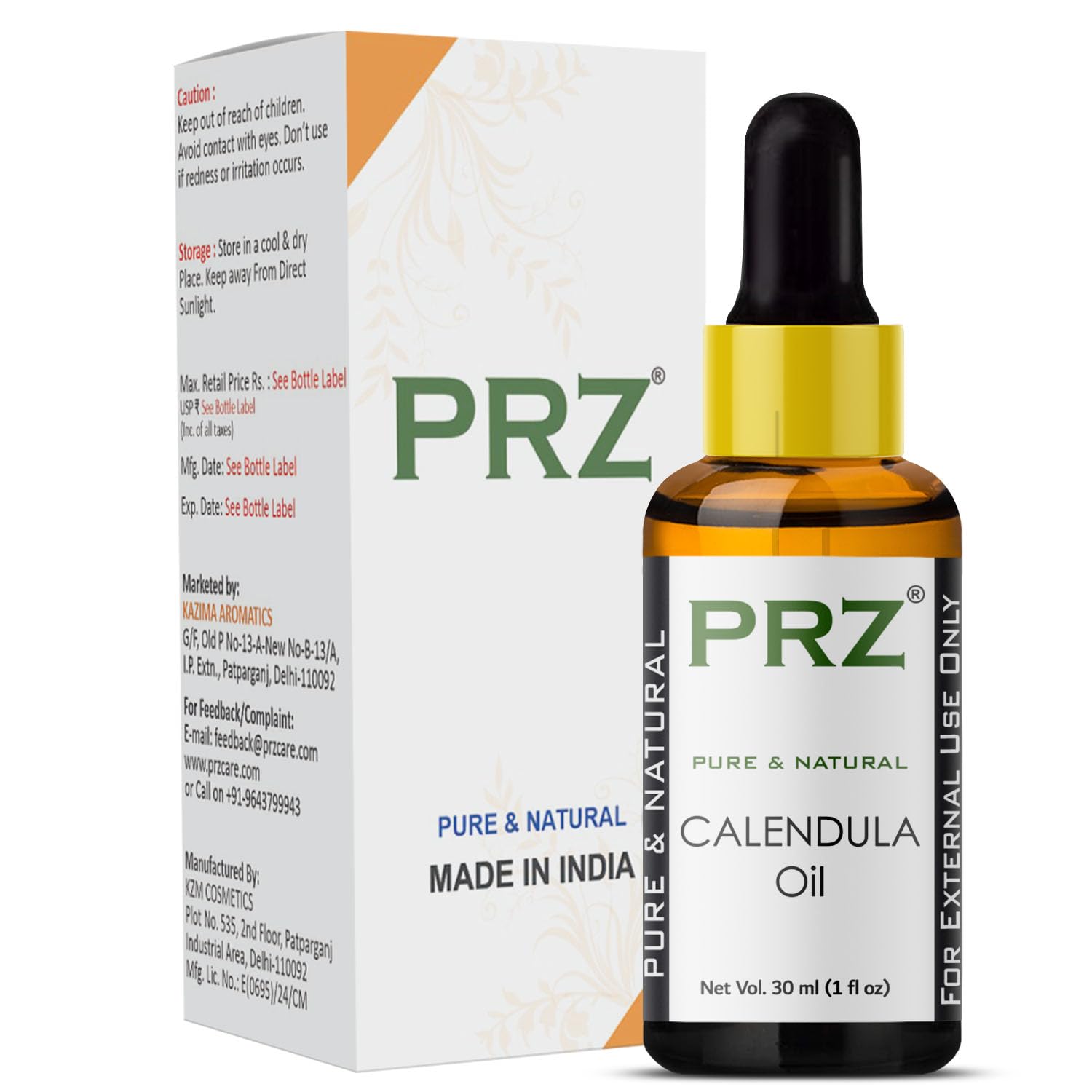 PRZ Calendula Essential Oil 30ml - 100% Pure Natural for Skin Care, Hair Growth & Aromatherapy | Soothes Dry Skin, Promotes Healthy Scalp | Perfect for Massage, DIY Beauty & Relaxation
