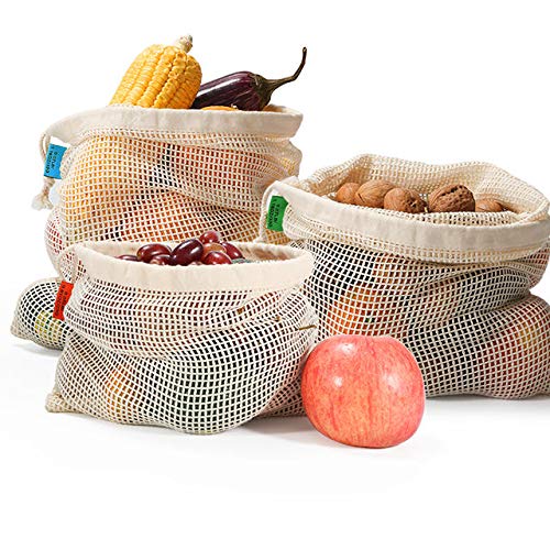 Eco-Friendly Cotton Mesh Bags - Reusable Washable Produce Bags for Fruits, Vegetables & Grocery Shopping - Sustainable Zero Waste Kitchen & Farmers Market Accessories