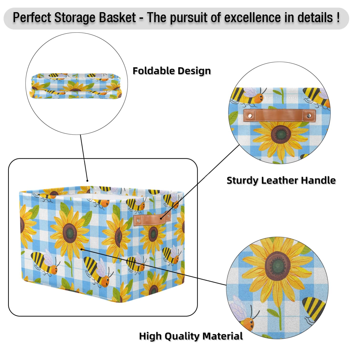 Bee Sunflower Plaid Large Storage Baskets for Shelves & Closets - 2 Pack Fabric Organizer Bins with Handles, Collapsible Decorative Baskets for Home Organization - Perfect for Clothes, Toys & Bedroom Storage