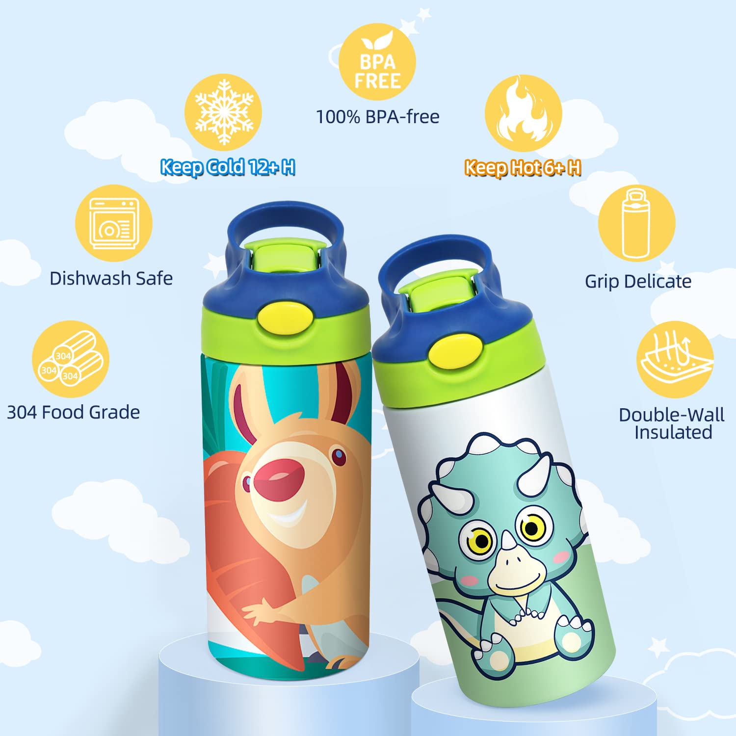Mocaru 12oz Stainless Steel Insulated Kids Sippy Cup with Leak-Proof Straw Lid & Handle - Sublimation Ready Toddler Water Bottle (4 Pack) - Perfect for Daycare, School, Travel & Outdoor Activities