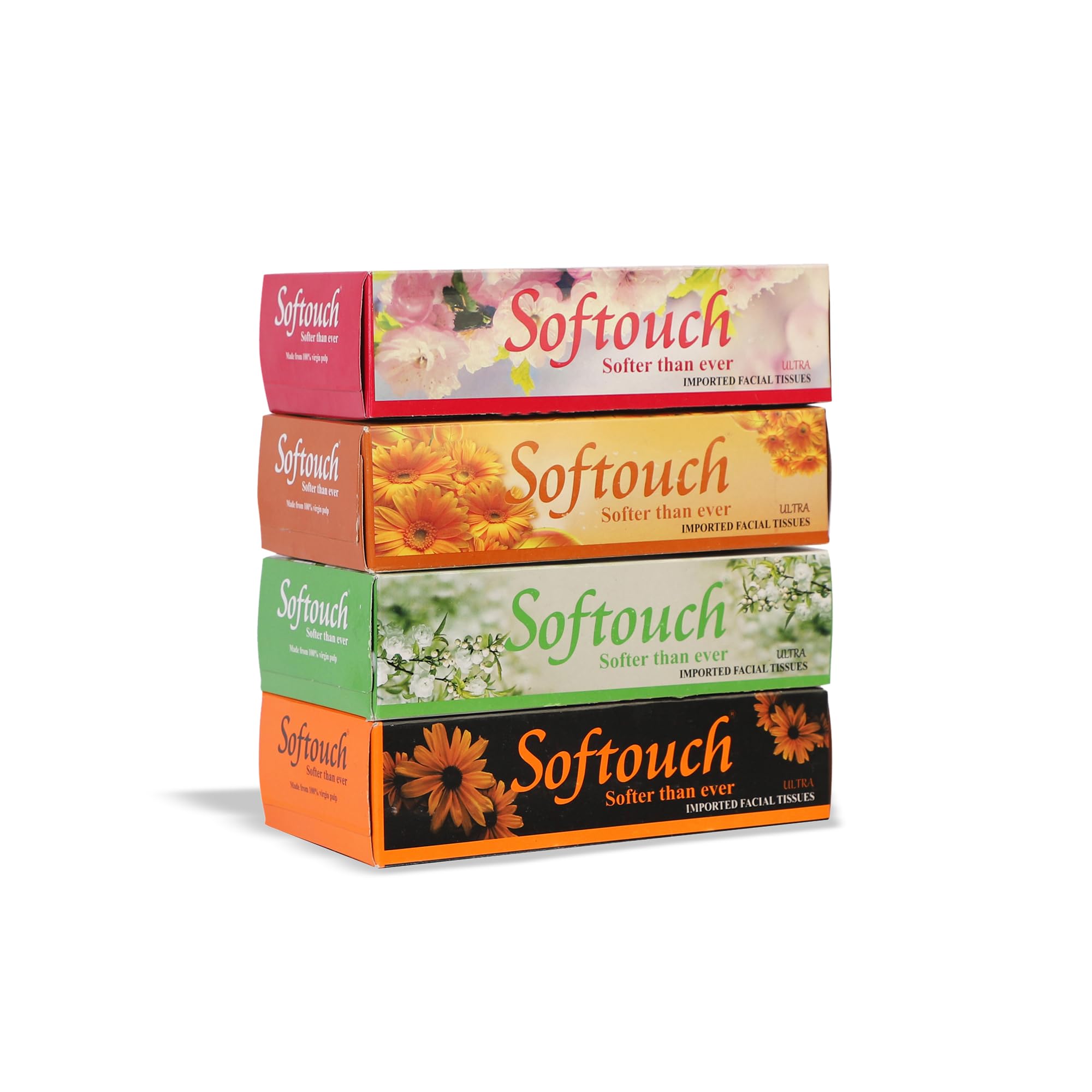 Softouch 2-Ply Facial Tissues for Home & Car - 4 Pack (100 Pulls Per Box, 800 Sheets Total) | Ultra-Soft & Gentle for Nose Care, Makeup Removal & Everyday Use