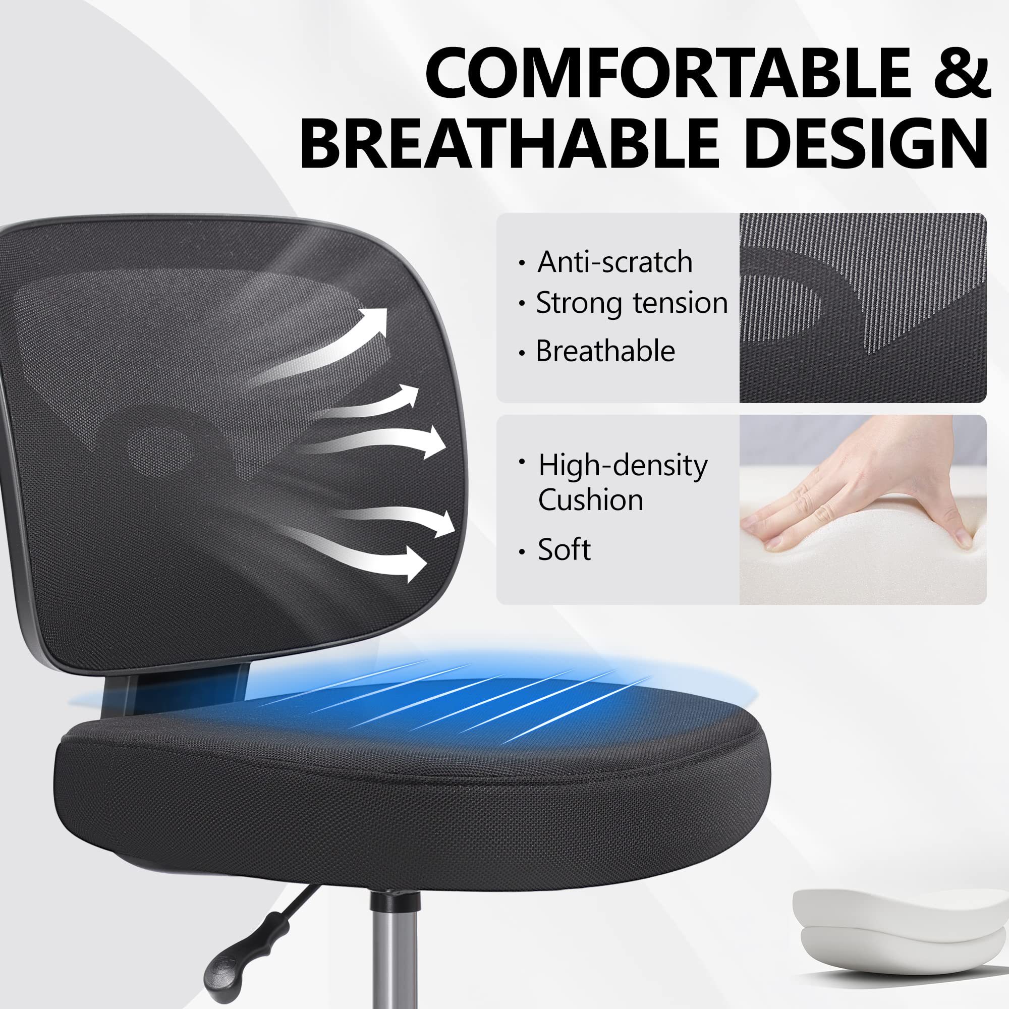 Primy Adjustable Height Drafting Chair - Armless Mid-Back Ergonomic Office Chair with Foot Ring & Mesh Back - Rolling Swivel Stool for Standing Desks, Art Studios, Home Office & Workspaces (Black)