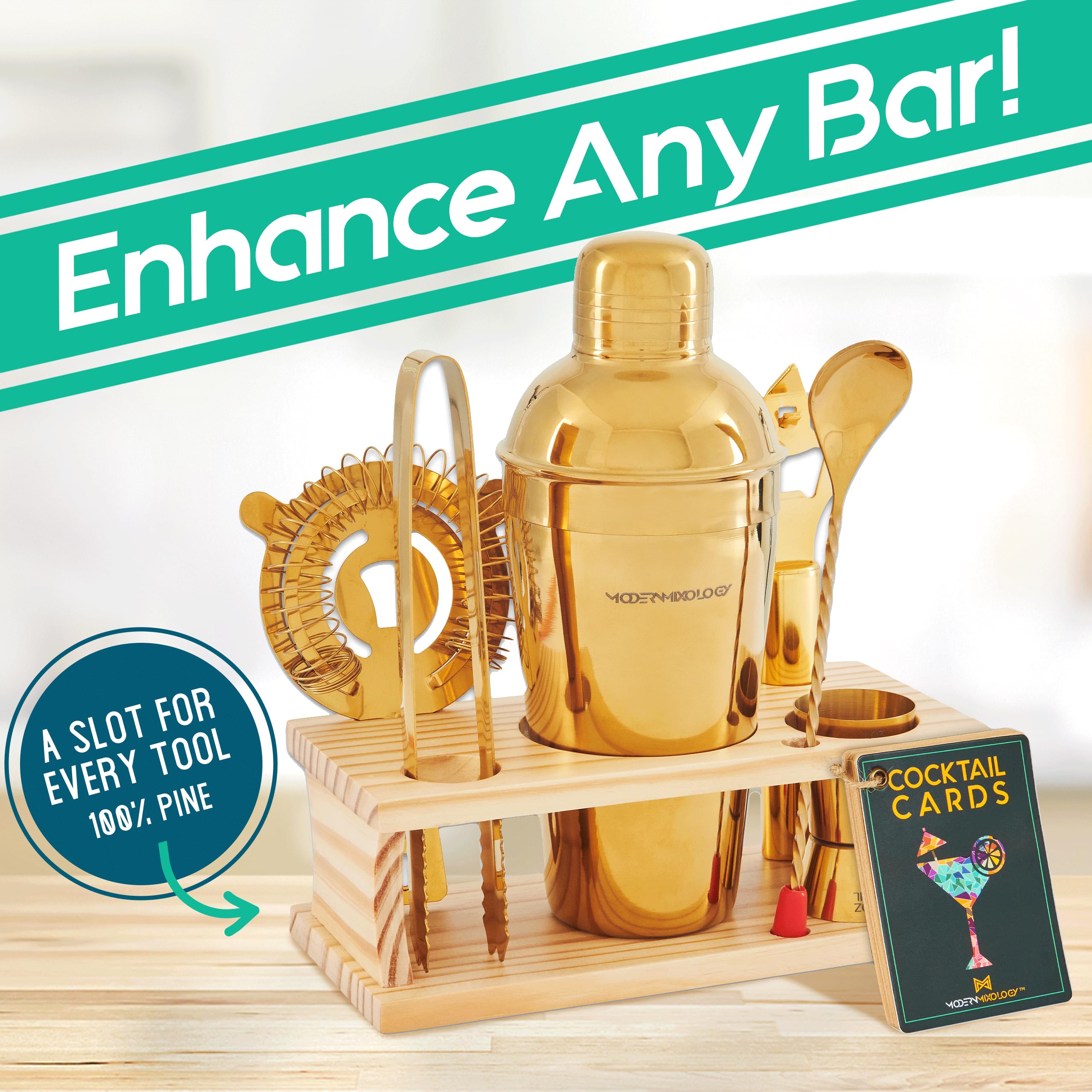 8-Piece Gold Cocktail Shaker Set with Pine Wood Stand, Recipe Cards & Bar Accessories - Premium Mixology Kit for Home Bartending & Party Hosting