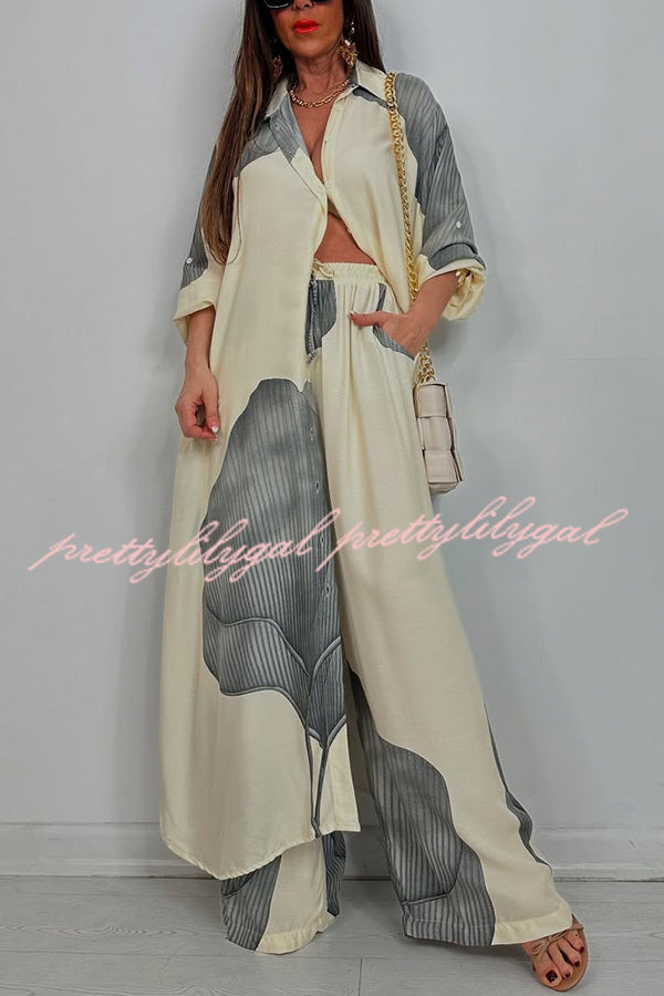 Stylish Printed Casual Loose Long Shirt & Elastic Waist Pocket Wide Leg Pants Set - Women's Comfortable Outfit for Work, Travel and Daily Wear