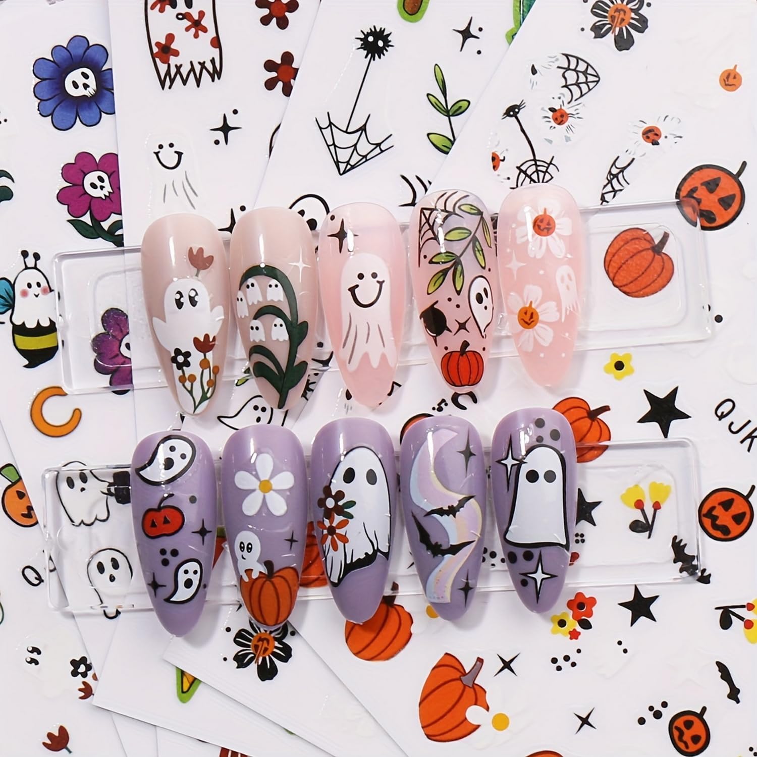 Halloween Nail Art Stickers - 9 Sheets 3D Self-Adhesive Nail Decals with Ghost, Pumpkin & Spider Web Designs | Fall Nail Decor for Women | Perfect for Halloween Parties, Costume Events & Spooky Nail Art