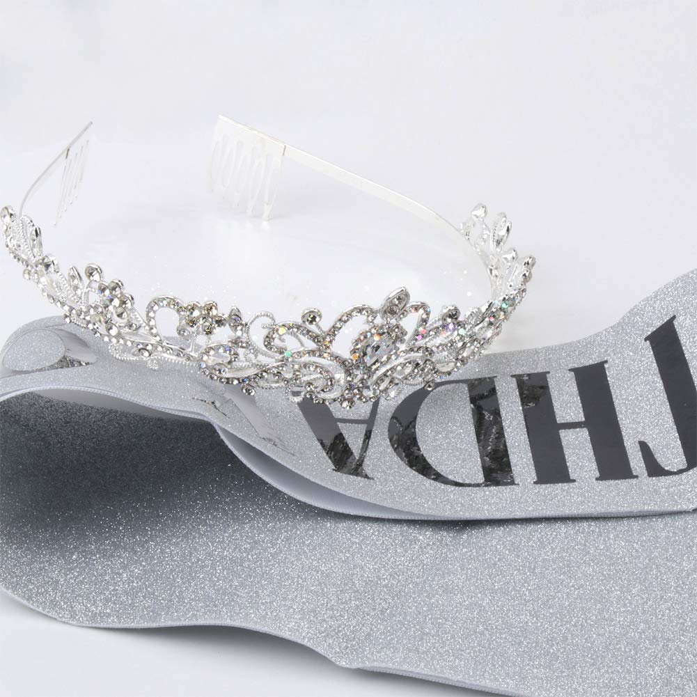 Elegant Silver Crystal Tiara & Birthday Queen Sash Kit for Women - Glitter Princess Crown with Combs for Birthday Parties, Weddings & Special Events | Perfect for Women & Girls Celebrations