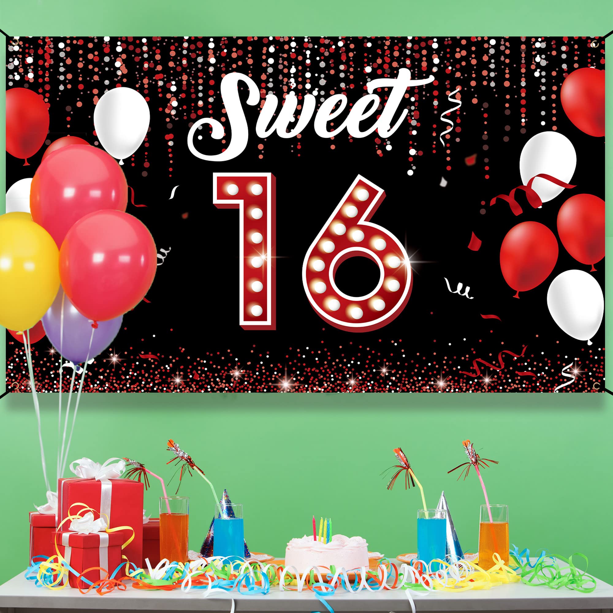 Sweet 16 Birthday Backdrop Banner - Happy 16th Birthday Decorations for Girls & Boys - Red & Black Sweet Sixteen Party Supplies - Indoor/Outdoor Yard Sign & Photo Booth Props - Premium Fabric Decor by Vicycaty - Perfect for Birthday Parties, Photo Shoots & Celebrations