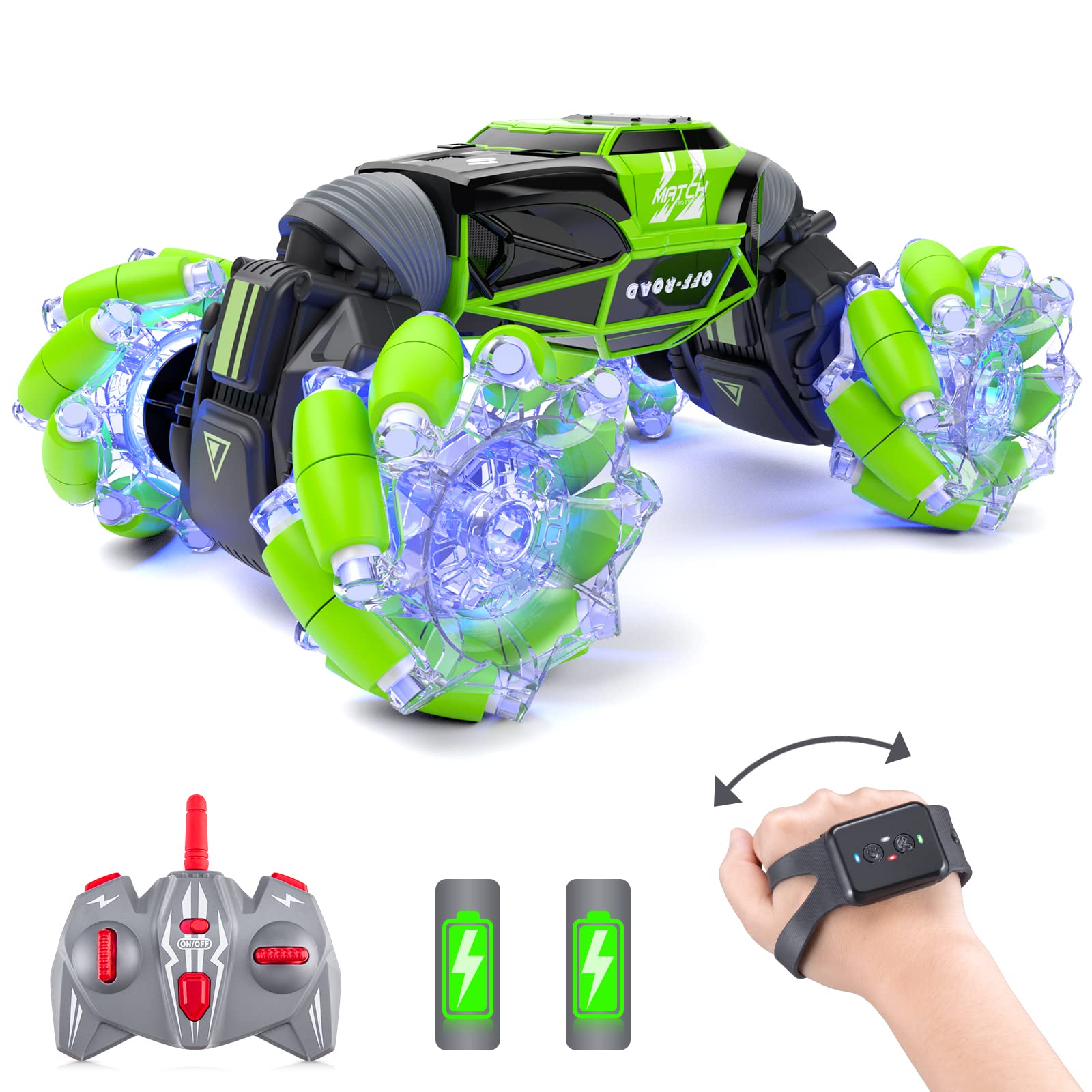 PowerExtra 4WD LED Gesture Remote Control RC Car - 360° Rotating Off-Road Stunt Car with Lights, Transformable Toy Car for Boys & Girls Ages 6-12 | Birthday Gifts, Indoor/Outdoor Play, Racing Competition