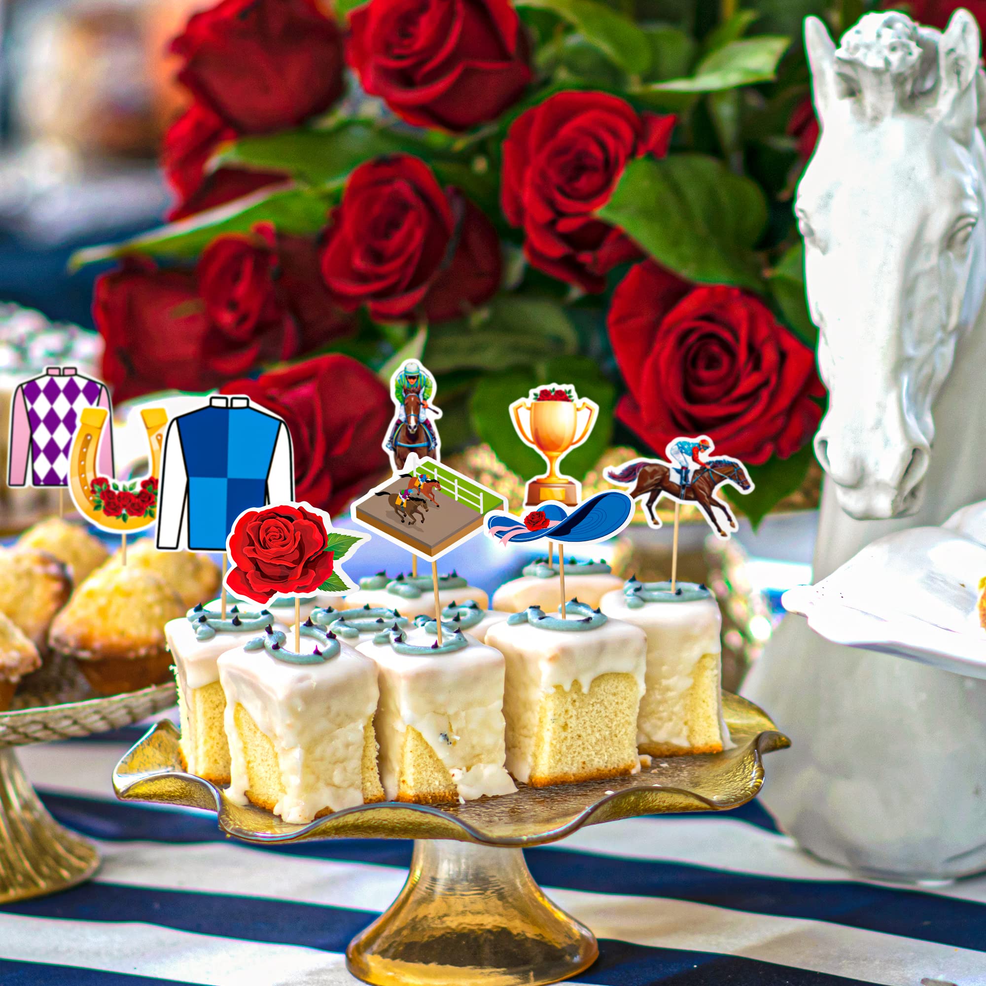 Kentucky Derby Cupcake Toppers - 30 PCS Horse Racing Party Decorations, Derby Day Cake Toppers with Toothpicks, Run for the Roses Themed Party Supplies - Perfect for Derby Parties, Birthday Cakes & Equestrian Events