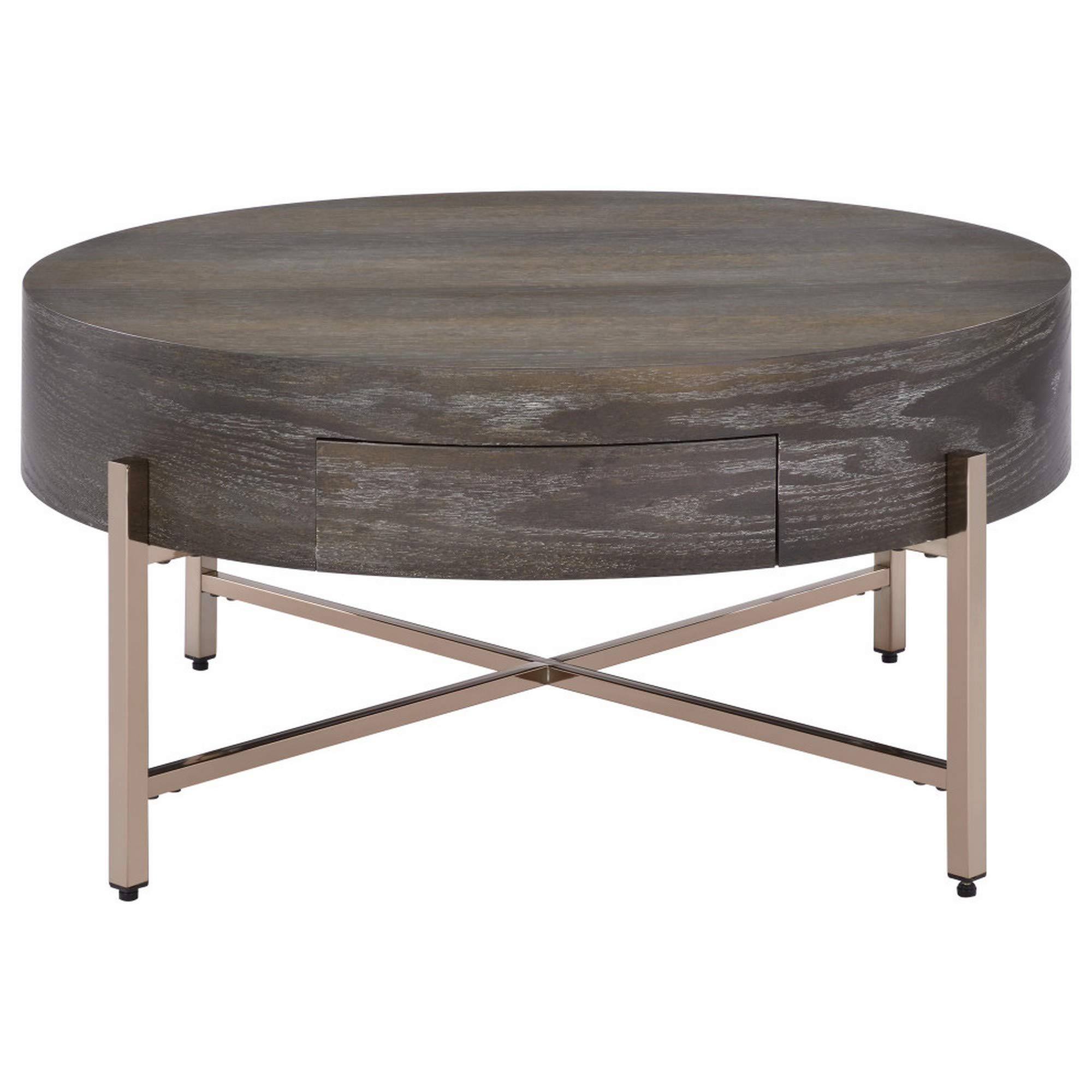 Modern Round Coffee Table with Crossed Metal Legs - Brown & Gold for Living Room