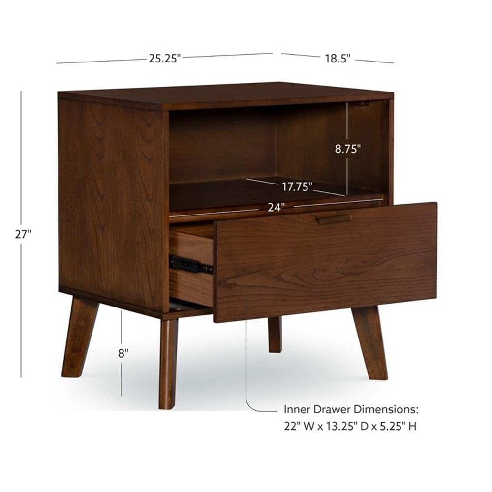 Linon Moore Nightstand with Open Storage & One Drawer - Brown Wood Finish, Tapered Legs - Perfect for Bedrooms, Guest Rooms & Small Spaces