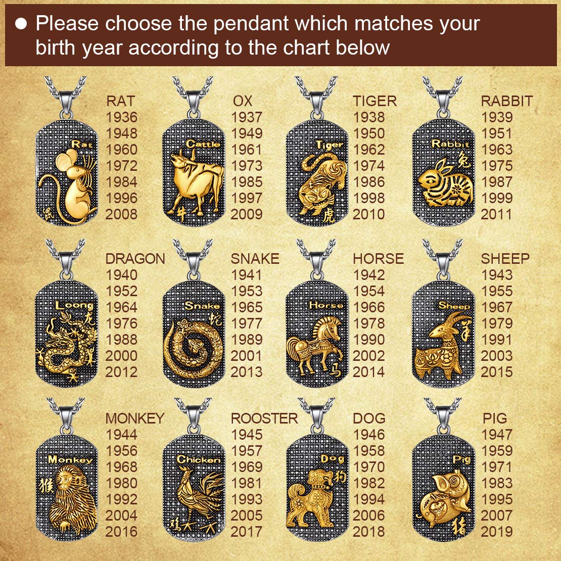 Vintage Chinese Zodiac Dog Tag Necklace for Men - Stainless Steel 18K Gold Plated Kanji Pendant, Custom Personalized Jewelry Gift | Birthday, Anniversary, Father's Day Present