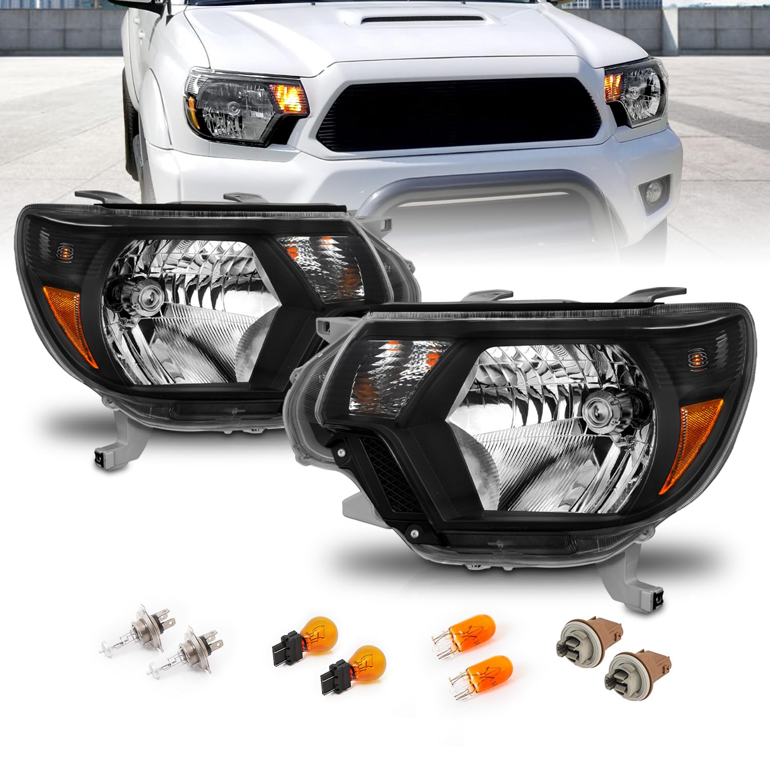 AmeriLite Black Replacement Headlights Assembly Pair for 2012-2015 Toyota Tacoma - Driver & Passenger Side - Perfect for Night Driving & Off-Road Adventures
