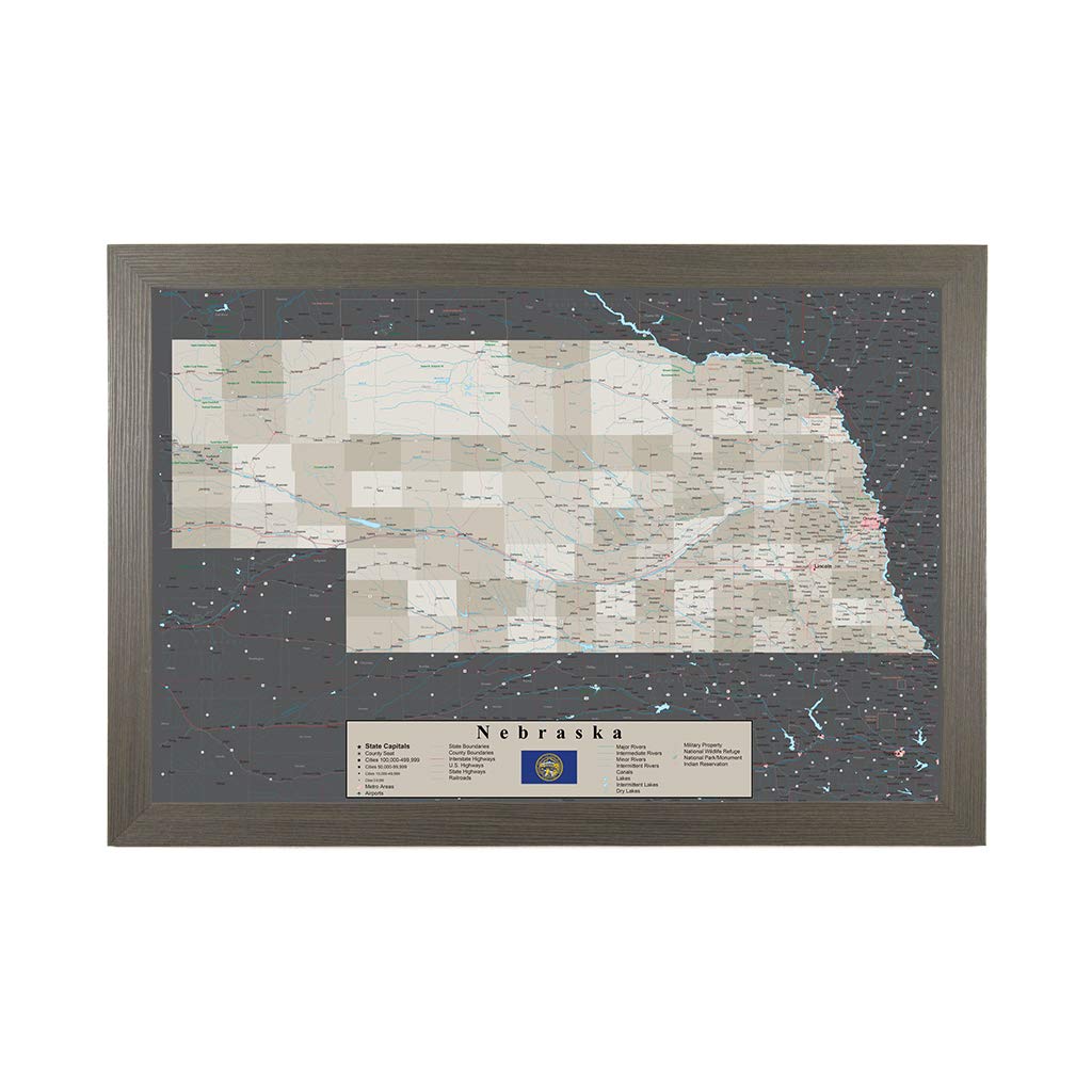 Push Pin Travel Map of Nebraska - Earth Tone Design with Barnwood Gray Frame - Includes 150 Pins - 27.5x39.5 Inches - Perfect for Home Office Decor & Travel Enthusiasts