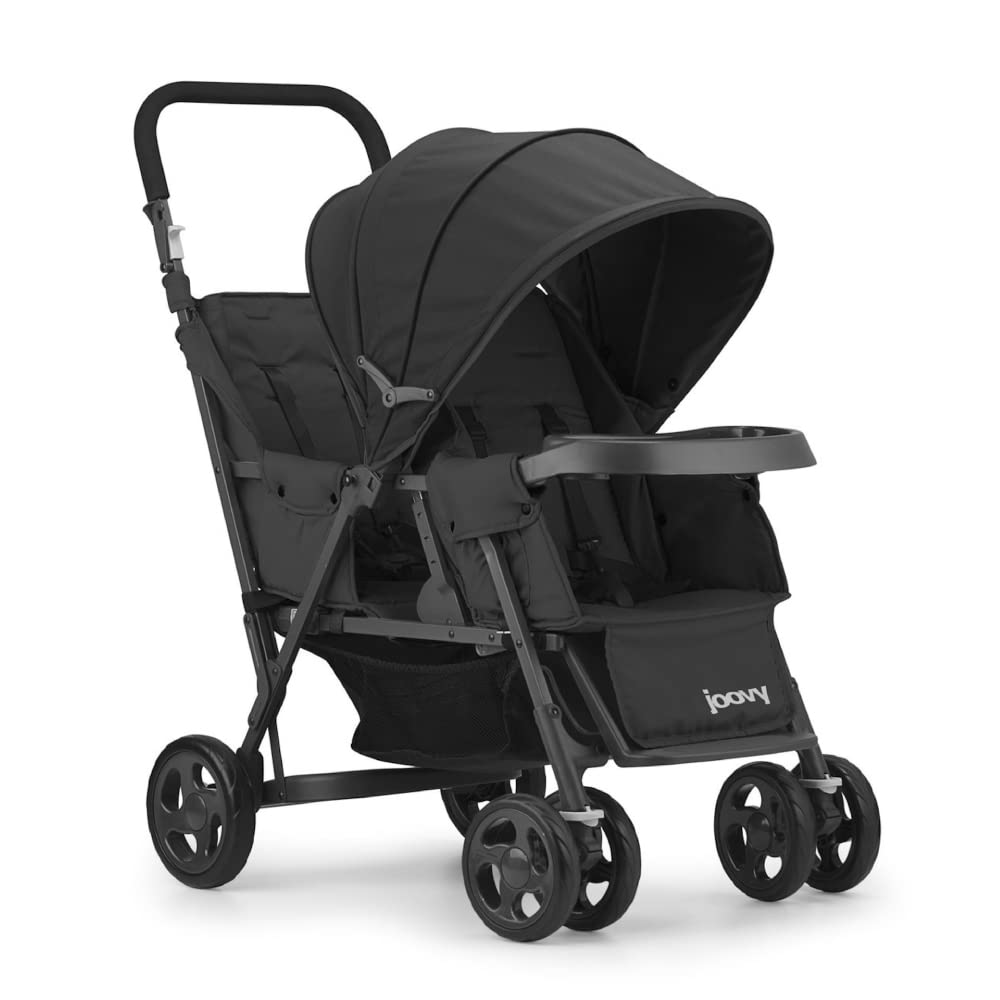 Joovy Caboose Too Sit and Stand Double Stroller with Universal Car Seat Adapter - 3-Way Reclining Seats, Rear Seat/Bench Seat/Standing Platform Options - Perfect for Twins, Siblings & Toddlers (Black) | Ideal for Shopping, Travel & Family Outings