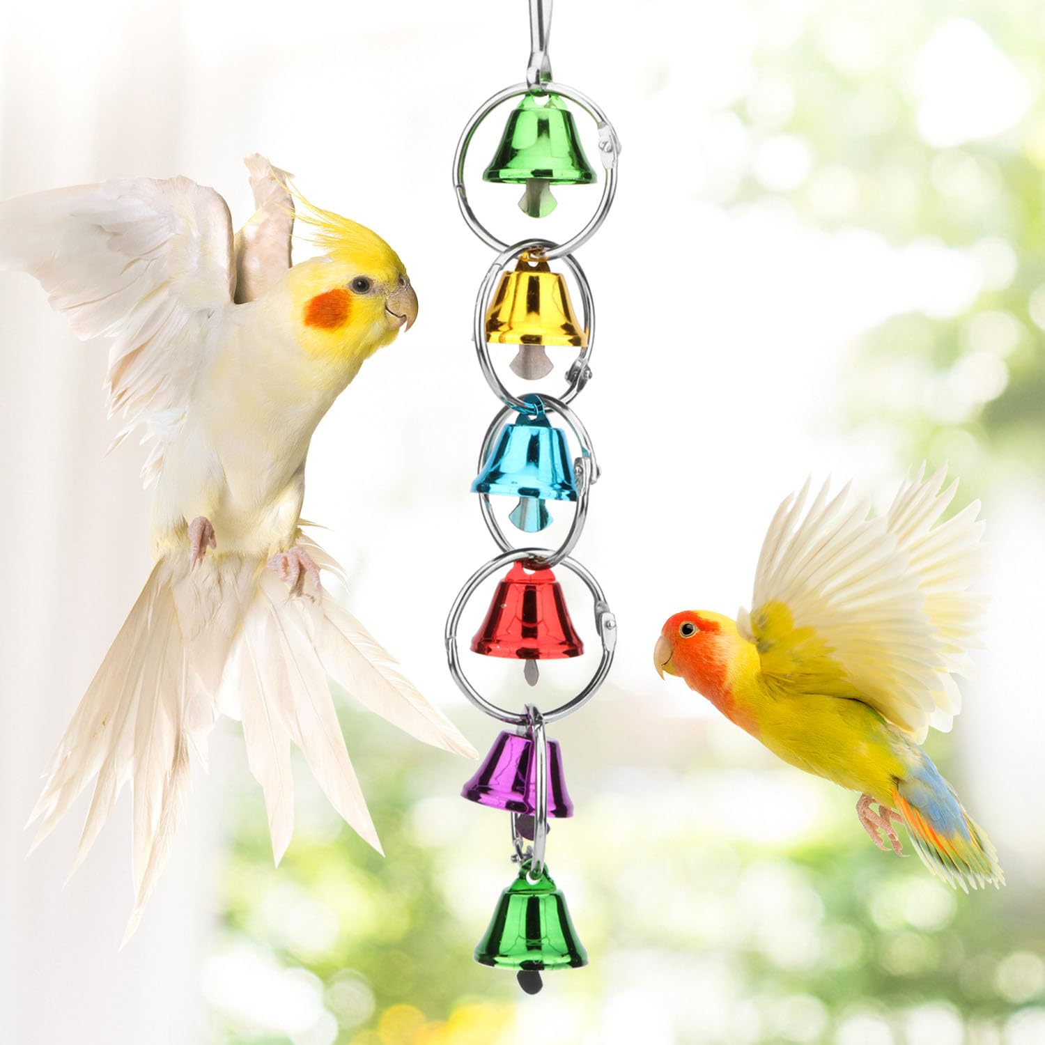 Colorful Parrot Chew Toys with Bells - Hanging Bird Cage Toy for African Grey, Conure & Cockatiel - Durable Swing Chandelier for Parrot Entertainment & Beak Exercise - Perfect for Playtime & Mental Stimulation