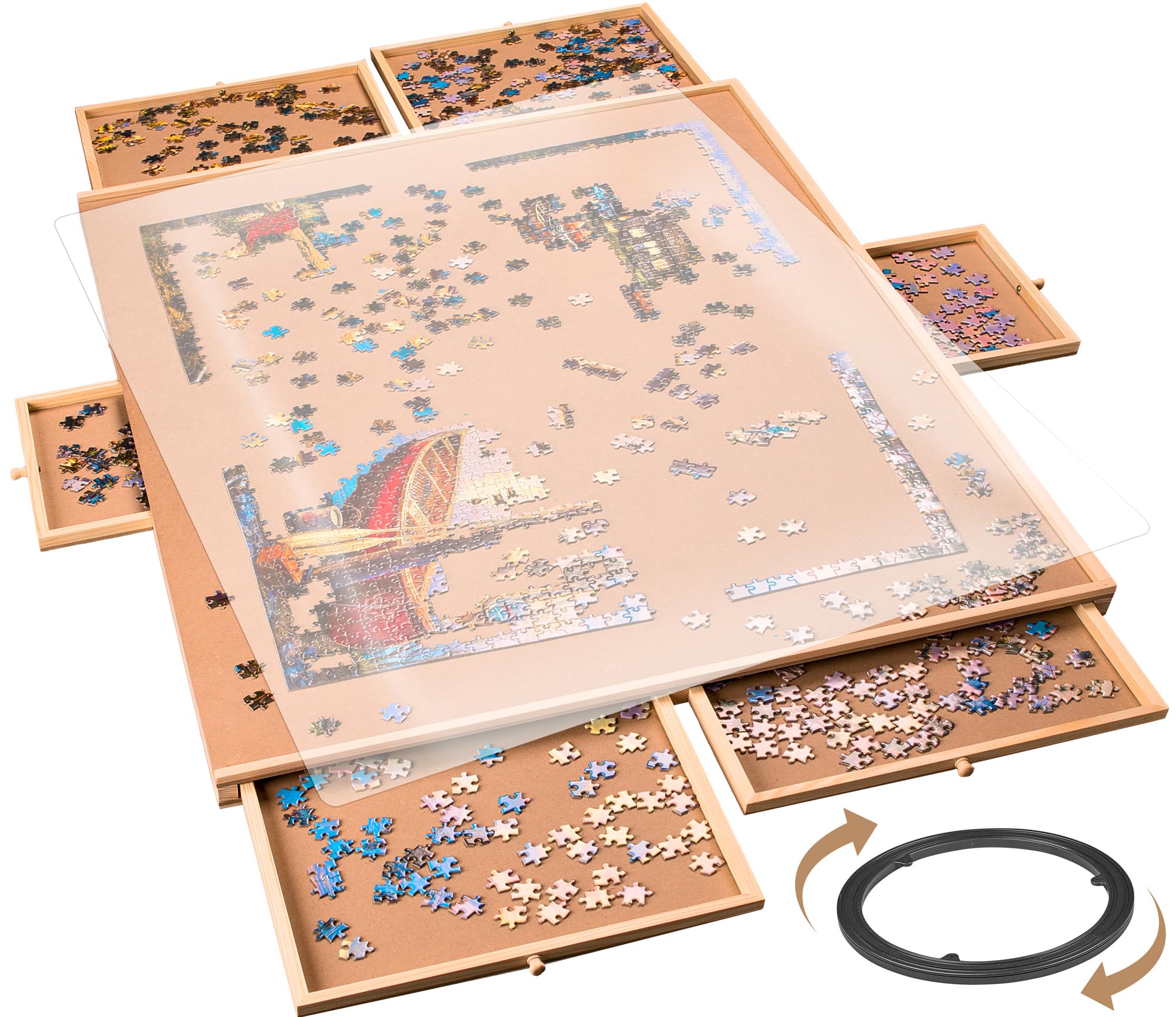 1500 Piece Rotating Wooden Jigsaw Puzzle Board with 6 Storage Drawers & Protective Cover - Puzzle Table for Adults & Families - Perfect for Game Nights, Home Entertainment & Educational Activities