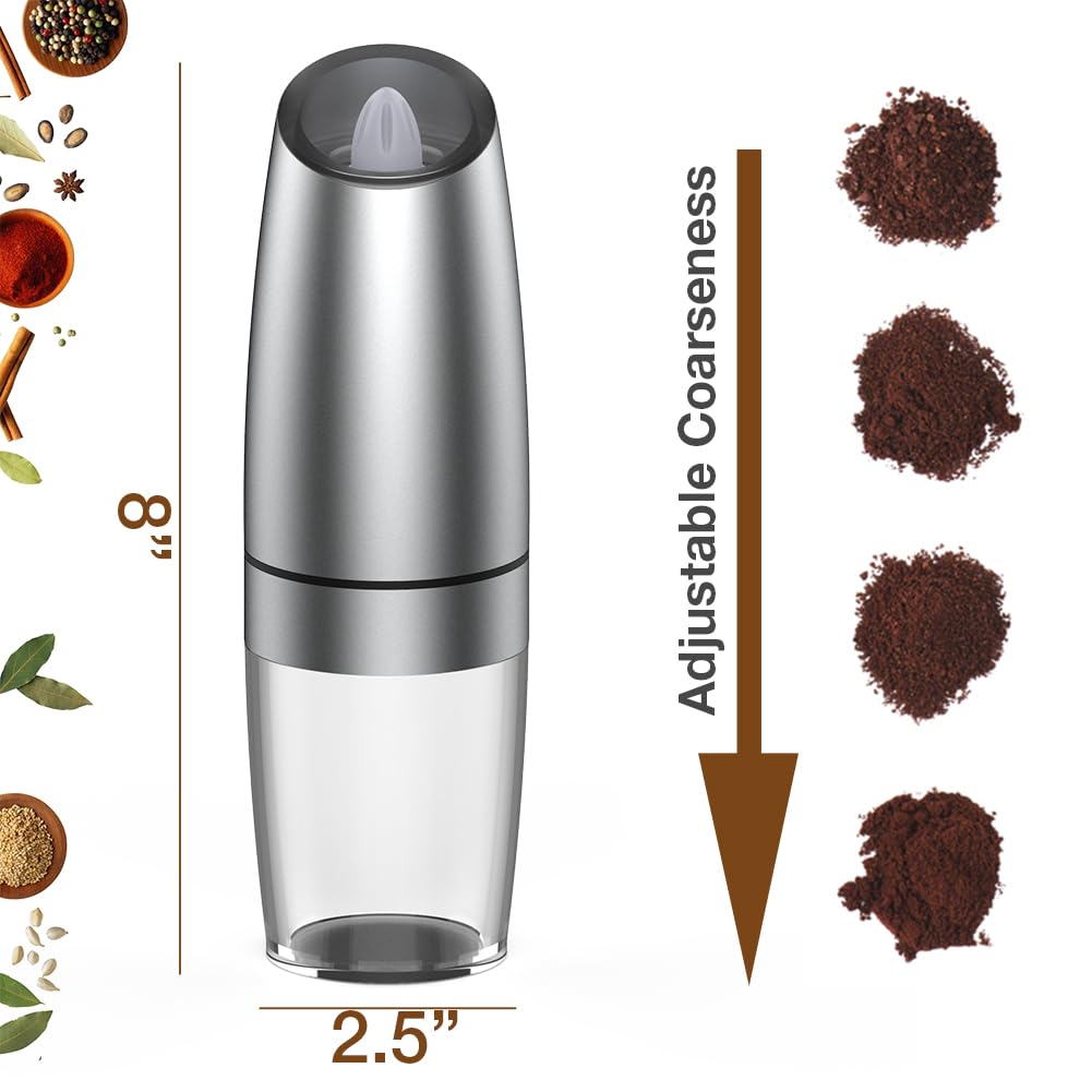 Premium Electric Salt and Pepper Grinder Set - Adjustable Coarseness, Battery Powered with LED Light - Upgraded Large Capacity One-Hand Operation - Perfect for Kitchen, Dining Table & Outdoor Cooking (Silver, 2 Pack)