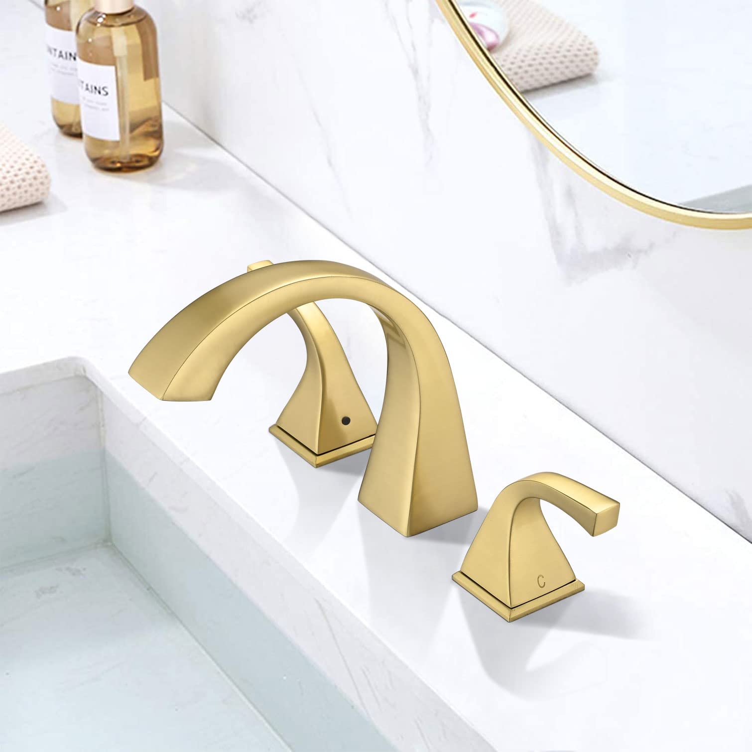 Brushed Gold Widespread Bathroom Faucet - 8 Inch 2-Handle Brass Sink Faucet for 3-Hole Lavatory with Pop-Up Drain & Supply Hoses | Perfect for Modern Bathroom Vanities & Guest Baths