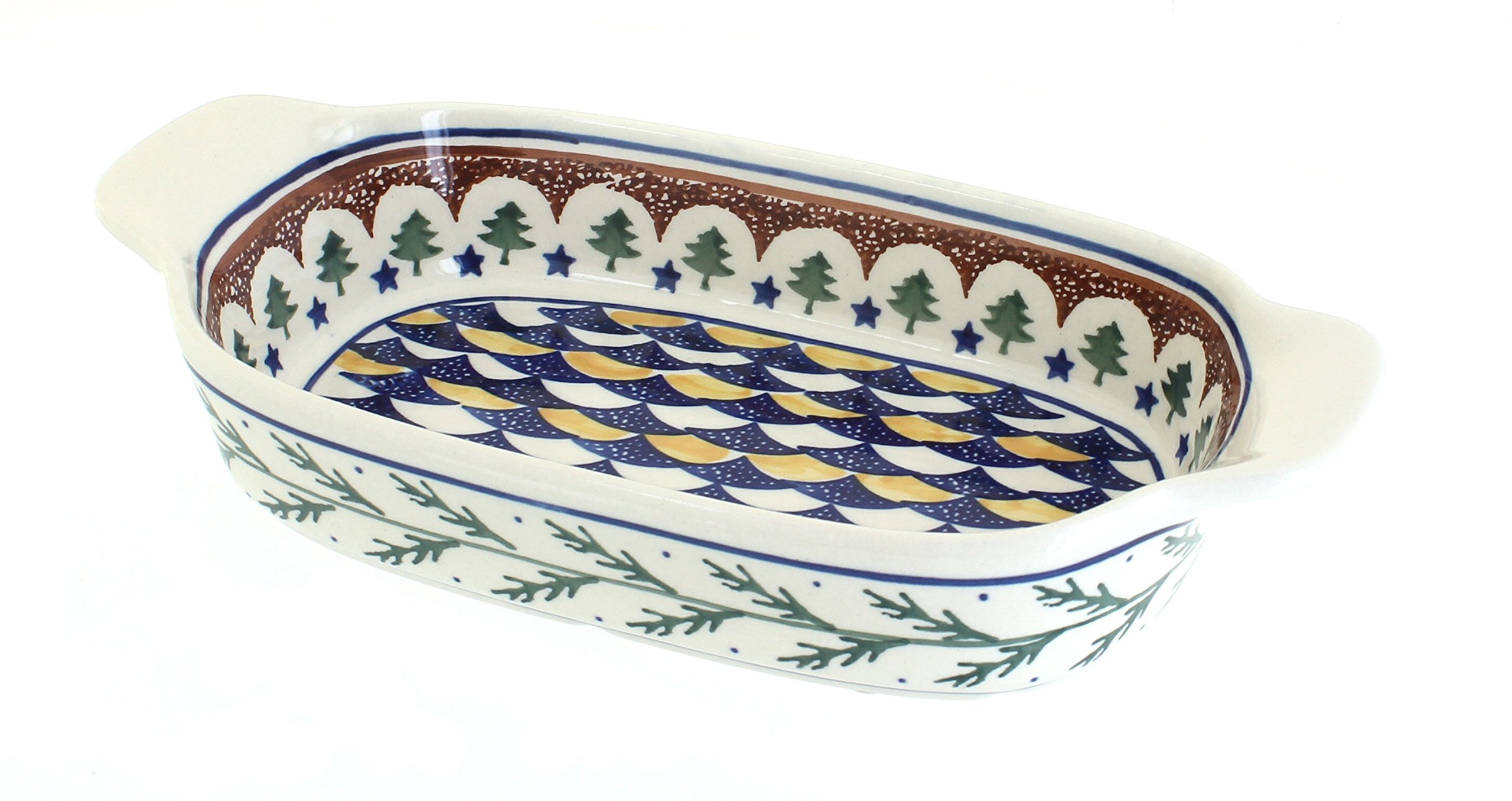 Handmade Blue Rose Polish Pottery Evergreen Rectangular Serving Dish with Handles - Perfect for Holiday Dinners, Buffets & Elegant Home Decor