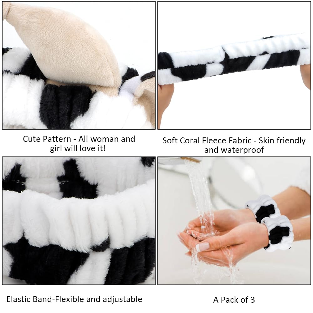 AHONEY Cow Print Fluffy Headband & Wristbands Set - Cute Cow Ears Spa Hair Band for Women, Girls & Kids - Soft Makeup & Skincare Accessories - Perfect for Facial Care, Costume Parties & Birthday Gifts