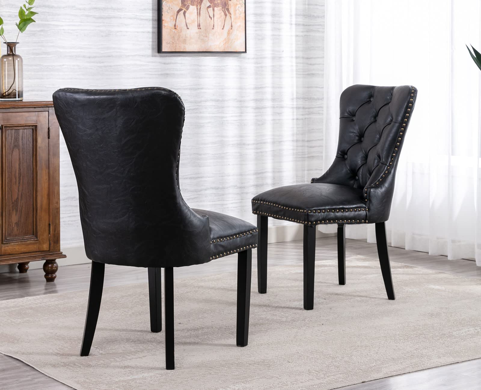 Shunzhi PU Leather Dining Chairs Set of 2 - Modern Tufted Armless Side Chairs with Rubber Wood Frame, Vintage Upholstered Kitchen & Cafe Decor Furniture (Black) - Perfect for Small Spaces, Breakfast Nooks & Bistro Settings