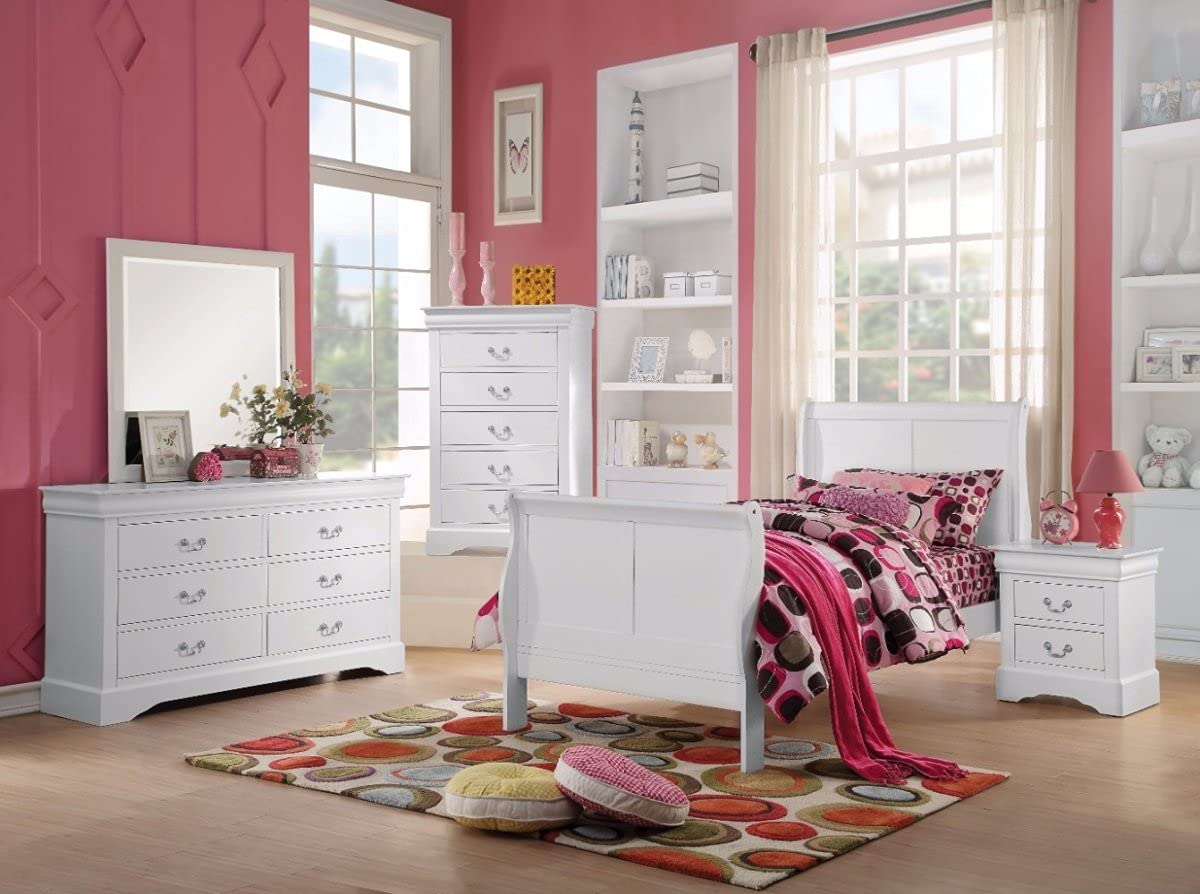 Benzara White Wooden Twin Size Sleigh Bed - Classic Elegant Design for Kids Room, Guest Bedroom & Cozy Home Decor