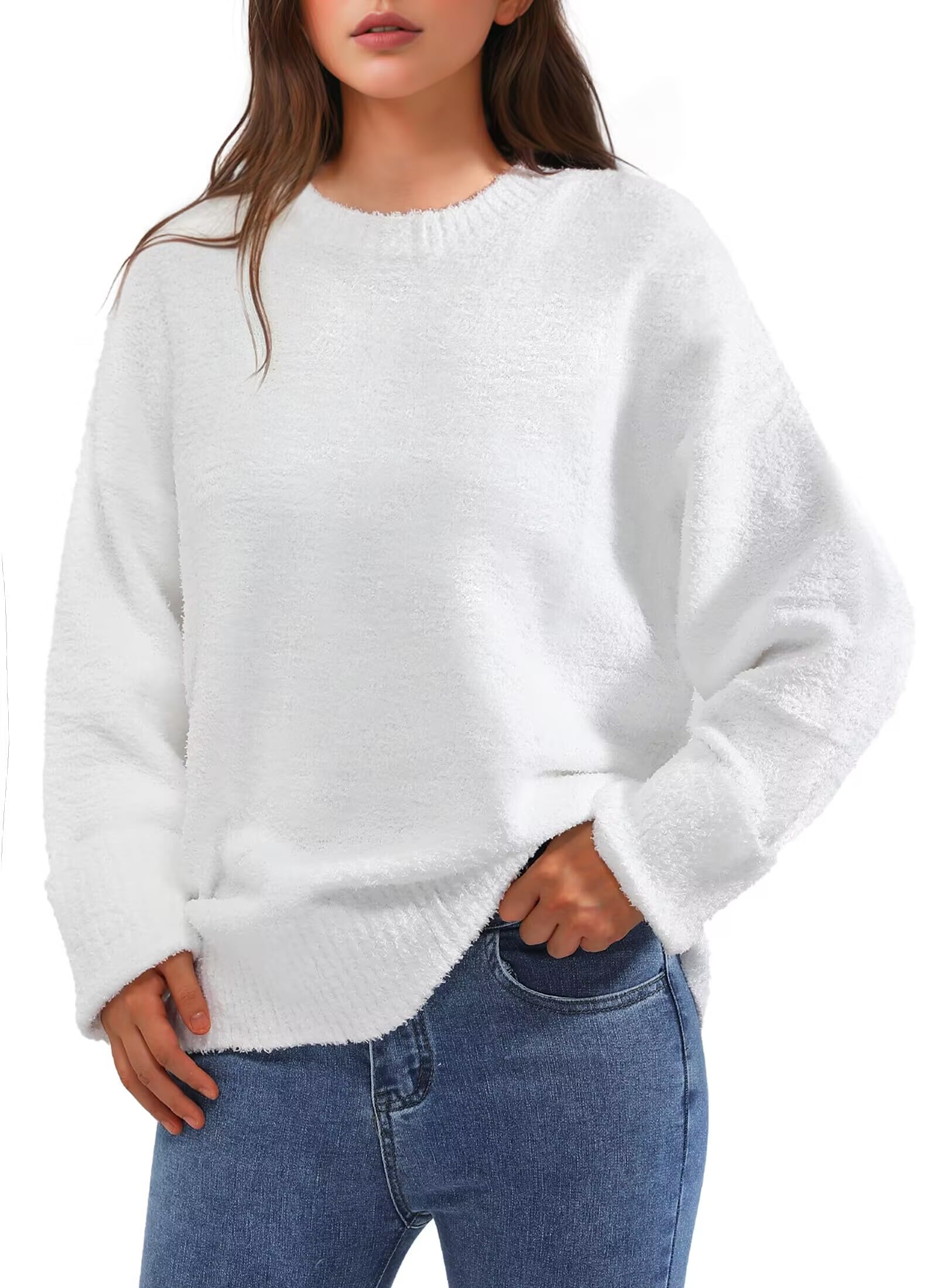 Women's Fuzzy Knit Crewneck Long Sleeve Sweater - Warm Winter Pullover Top for Fall 2025 | Cozy Casual Wear for Office, Dating & Weekend Outfits