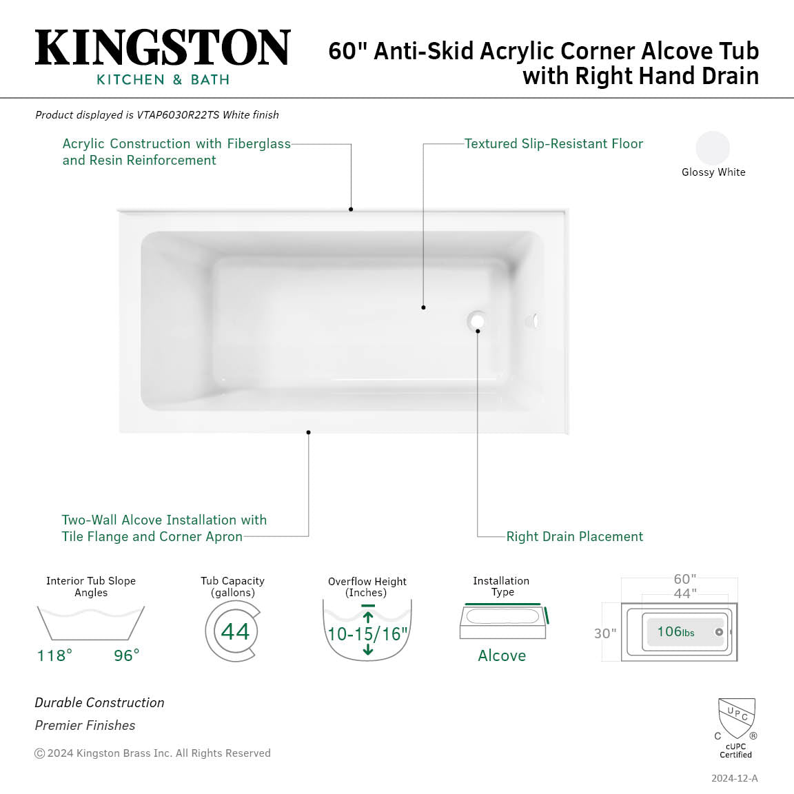 Aqua Eden VTAP6030R22TS 60 Inch Acrylic Rectangular 2 Wall Corner Alcove Bathtub - Right Hand Drain, Glossy White - Perfect for Small Bathrooms & Spa-Like Retreats