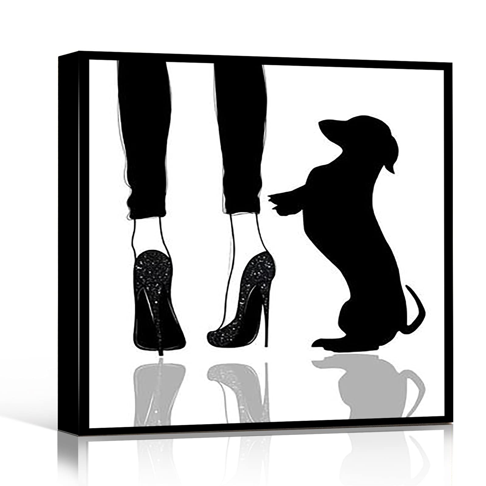 8x8 Inch Framed Modern Canvas Wall Art - Dachshund Dog Print with High Heels, Black & White Home Decor for Bedroom, Perfect Gift for Dog Lovers | Ideal for Living Room, Bedroom, Office & Gifts