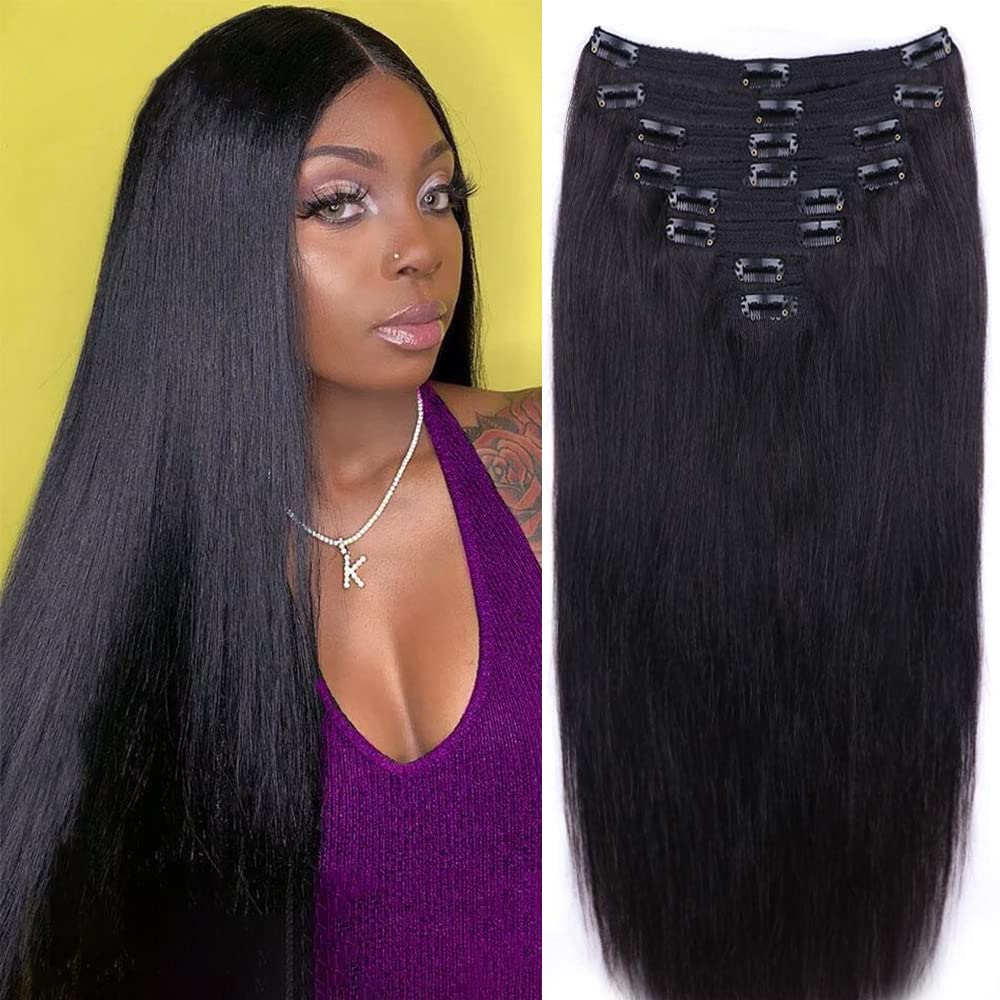 100% Unprocessed Brazilian Virgin Human Hair Clip-in Extensions for Black Women - 8-Piece Set with 18 Clips, 12 Inch Straight Natural Black Hair (120g) - Perfect for Daily Styling, Special Occasions & Protective Hairstyles