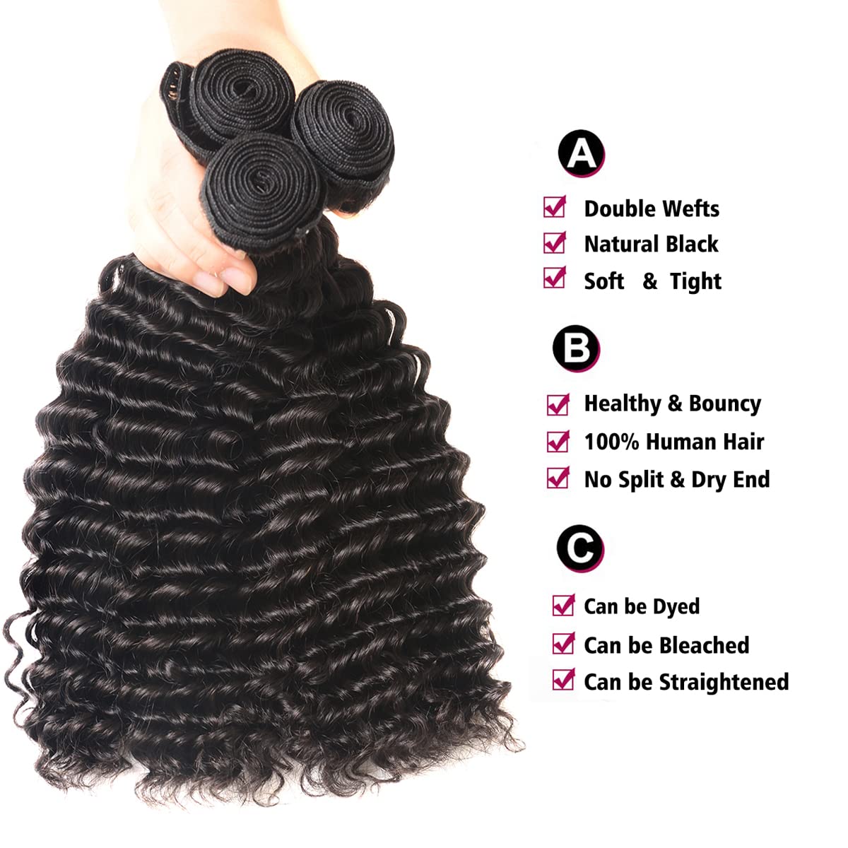 100% Unprocessed Brazilian Virgin Human Hair Bundles - 16 Inch Deep Wave Natural Black Hair Extensions for Women | Perfect for Protective Styles, Weaves & Everyday Glam