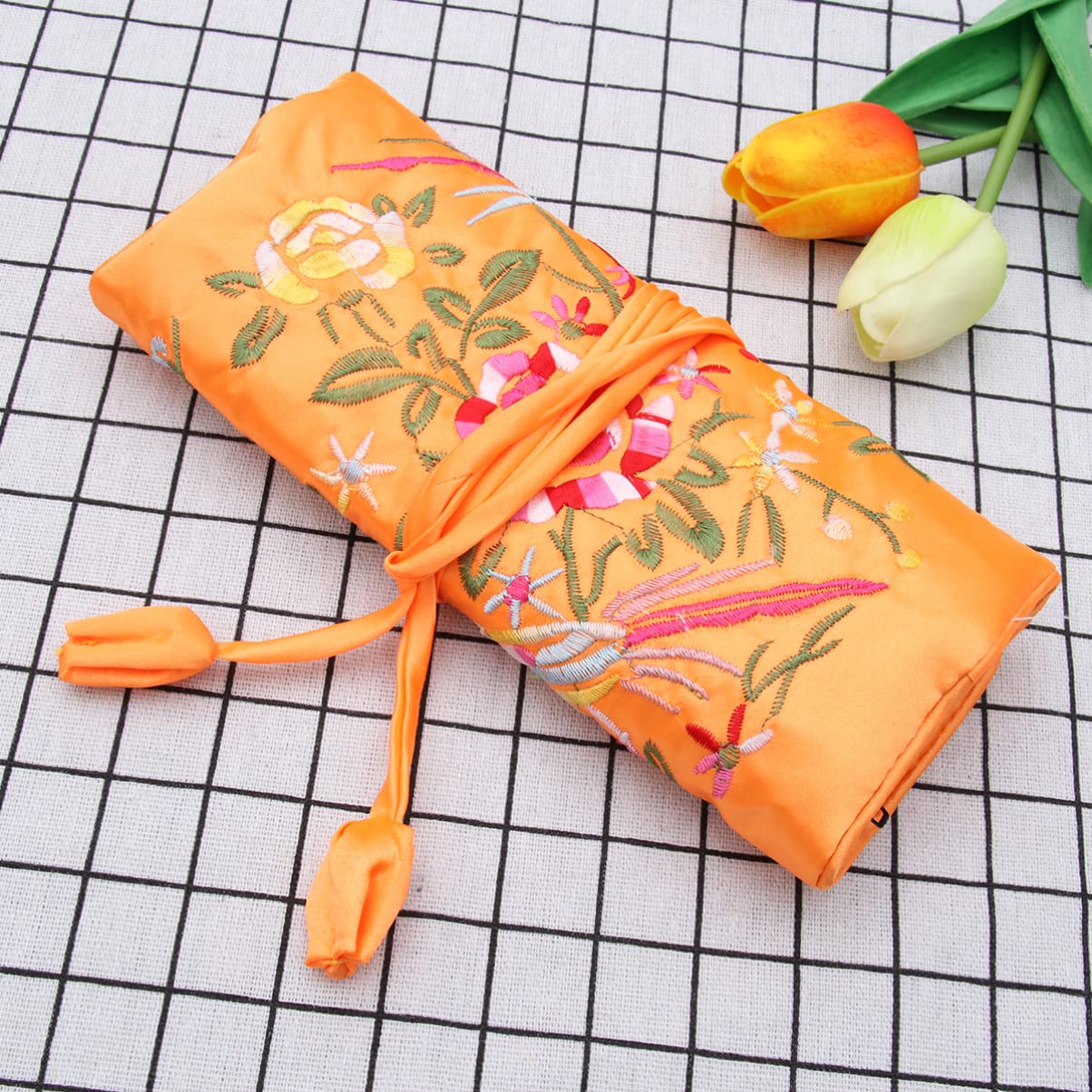 Zerodeko Jewelry Roll Bag - Silk Embroidery Brocade Travel Jewelry Organizer Pouch for Necklaces, Bracelets, Earrings & Rings with Secure Tie Closure (Orange) - Perfect for Travel, Gifts & Daily Jewelry Storage