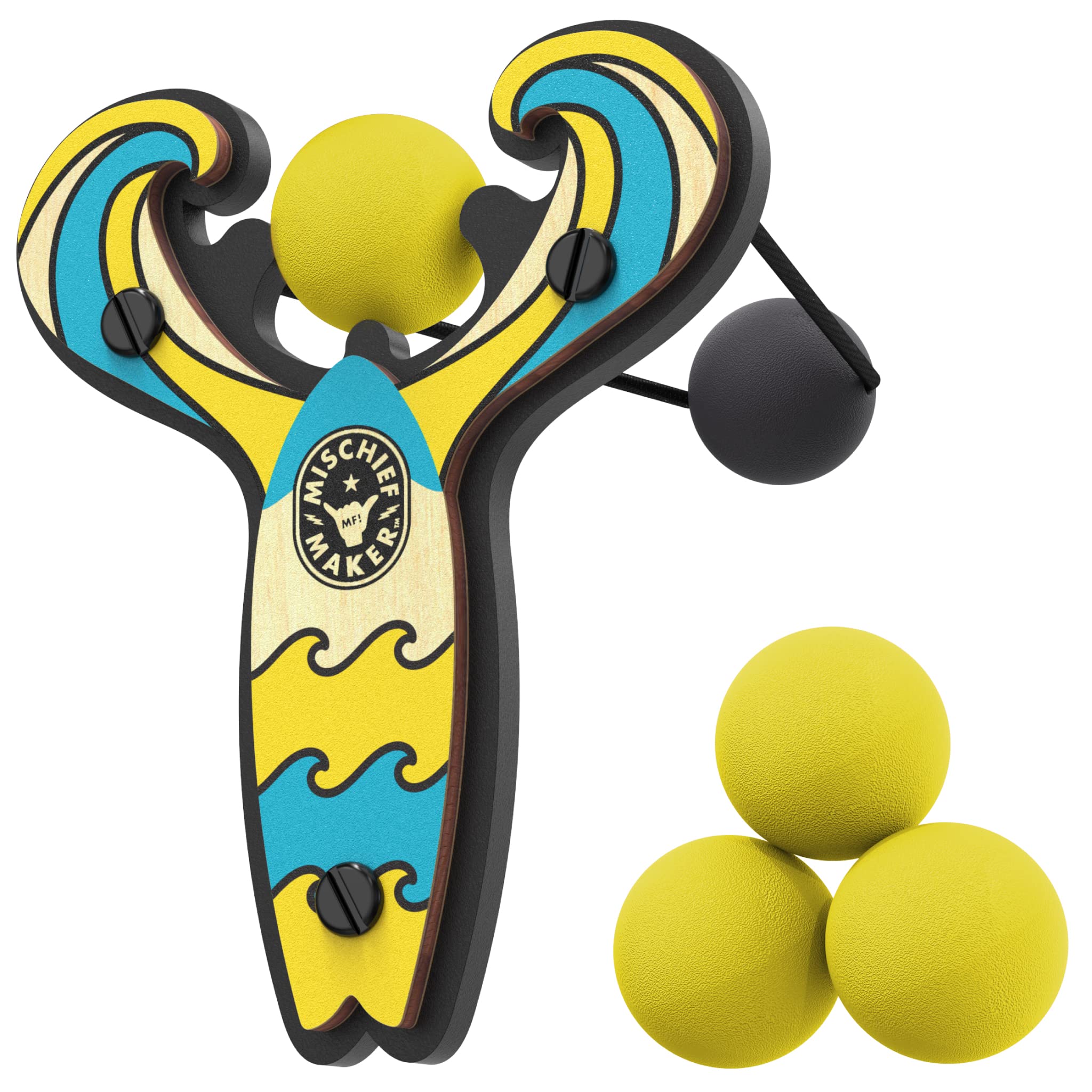 Mischief Maker® Wooden Slingshot - Surf’s Up Series - Real Wood Kids Slingshot with 4 Soft Foam Balls & Storage Bag - Outdoor Toys for Boys Girls Ages 4+ - Perfect for Backyard Games, Beach Fun and Camping Activities