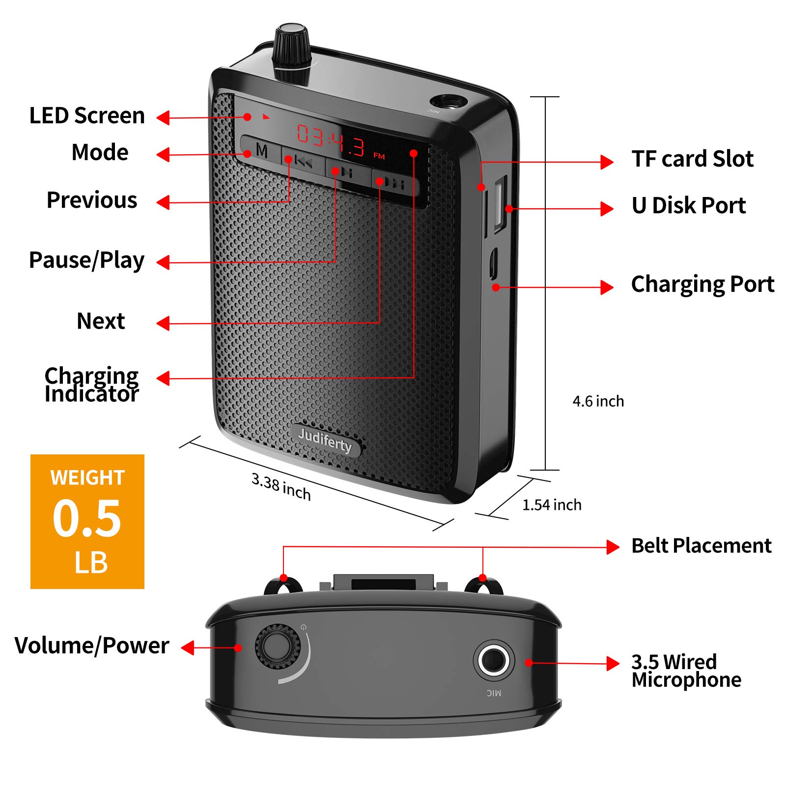 Portable Voice Amplifier with Bluetooth - Wireless Microphone Speaker for Teachers, Tour Guides & Meetings | Ideal for Classroom, Outdoor Events & Public Speaking