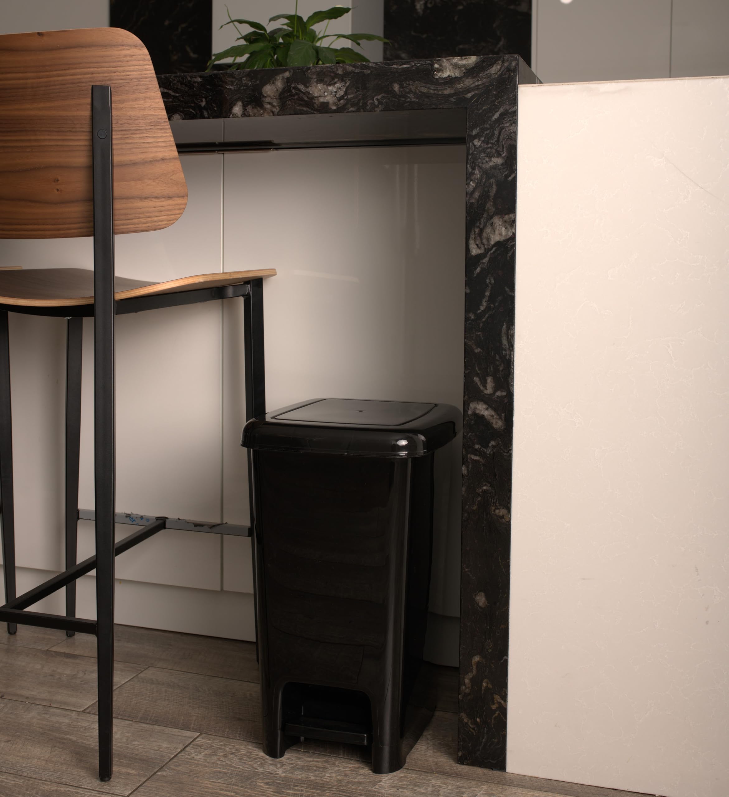 Superio 10.5 Gallon Slim Step-On Trash Can with Lid - Black Plastic Garbage Bin for Kitchen, Bathroom, Office, Bedroom, Dorm & Patio - Hands-Free Foot Pedal Design for Easy Disposal & Odor Control